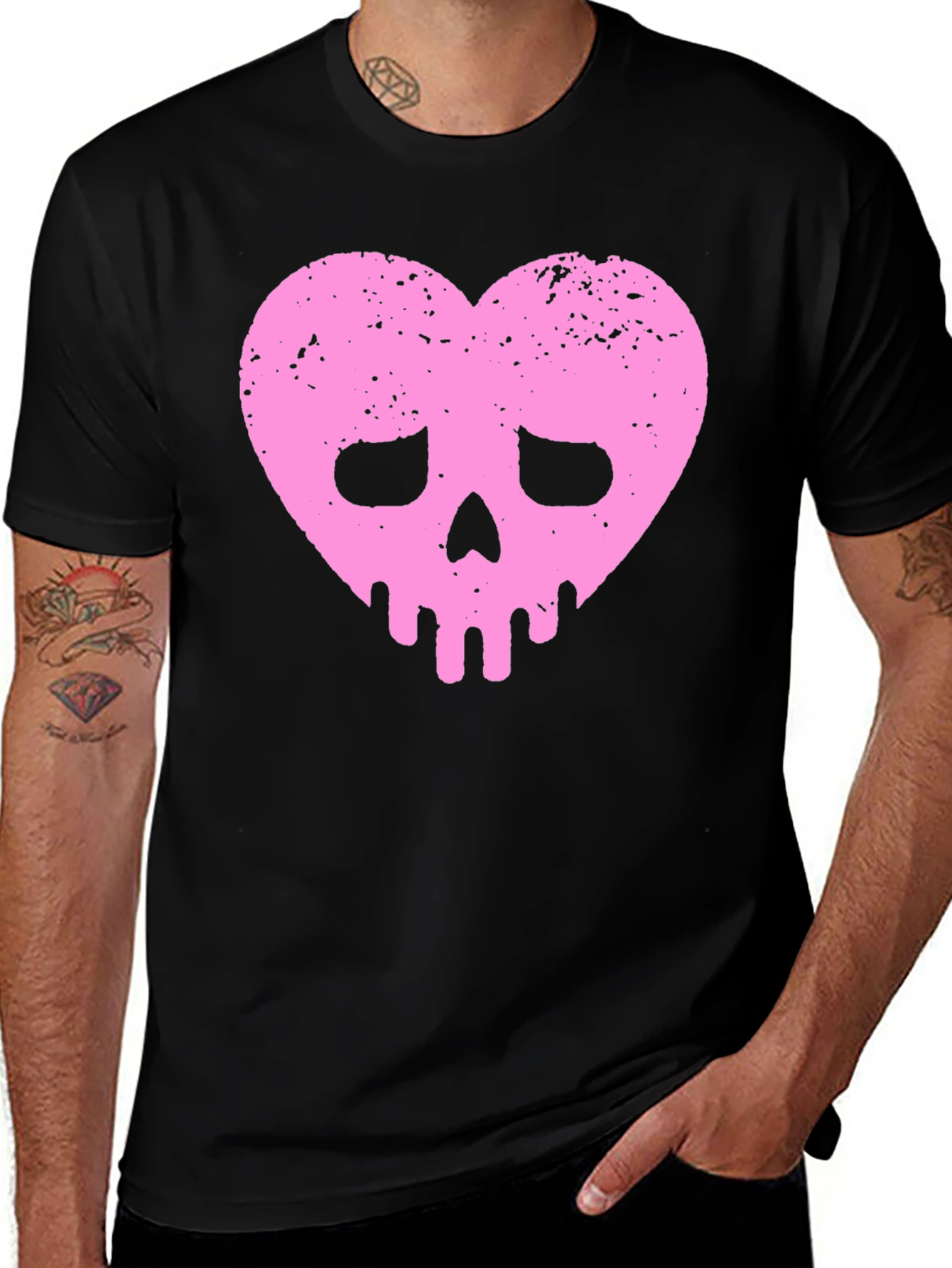 Pink Heart Skull Black T-Shirt
