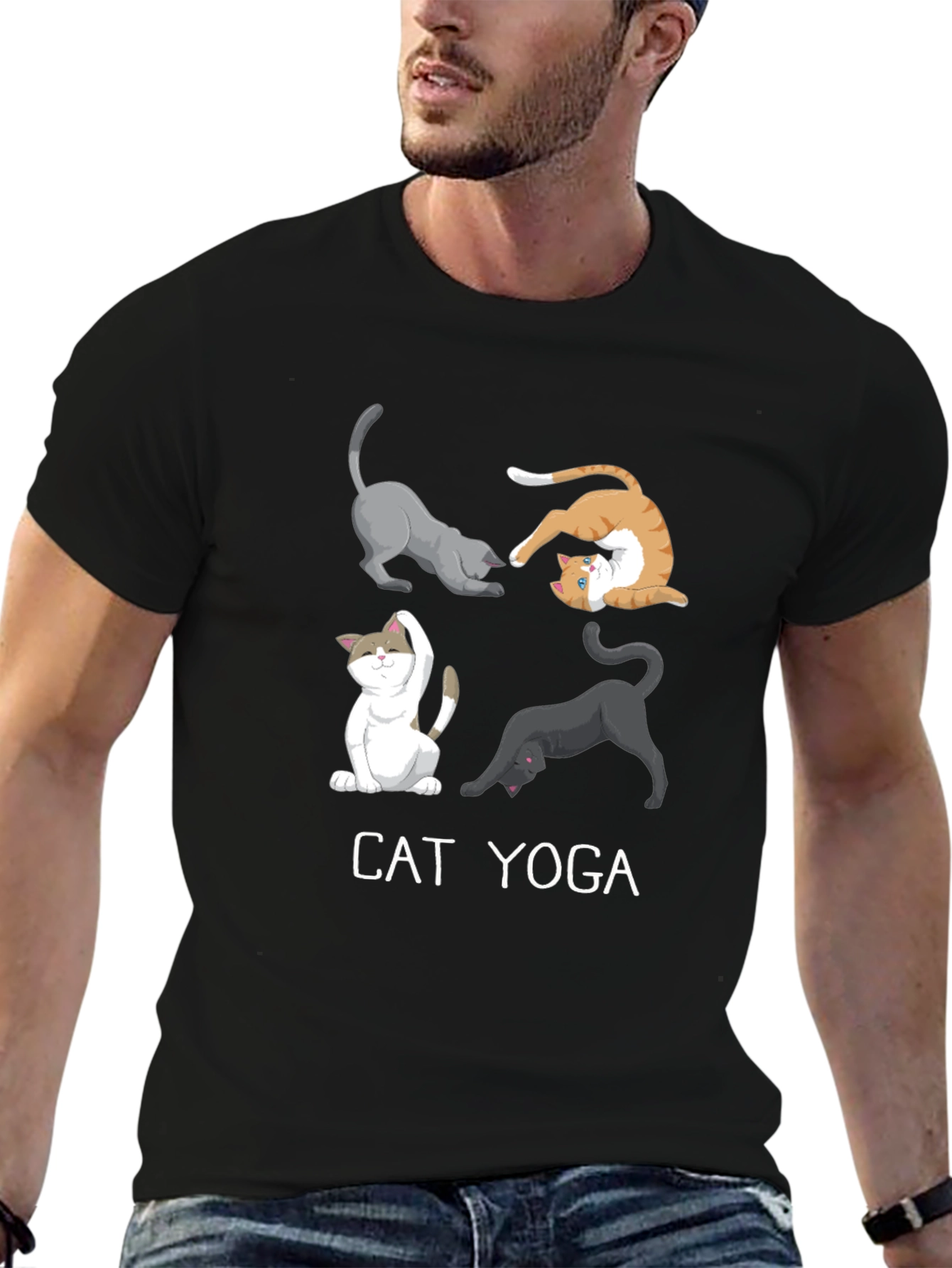 Cat Yoga Black Graphic Tee for Men