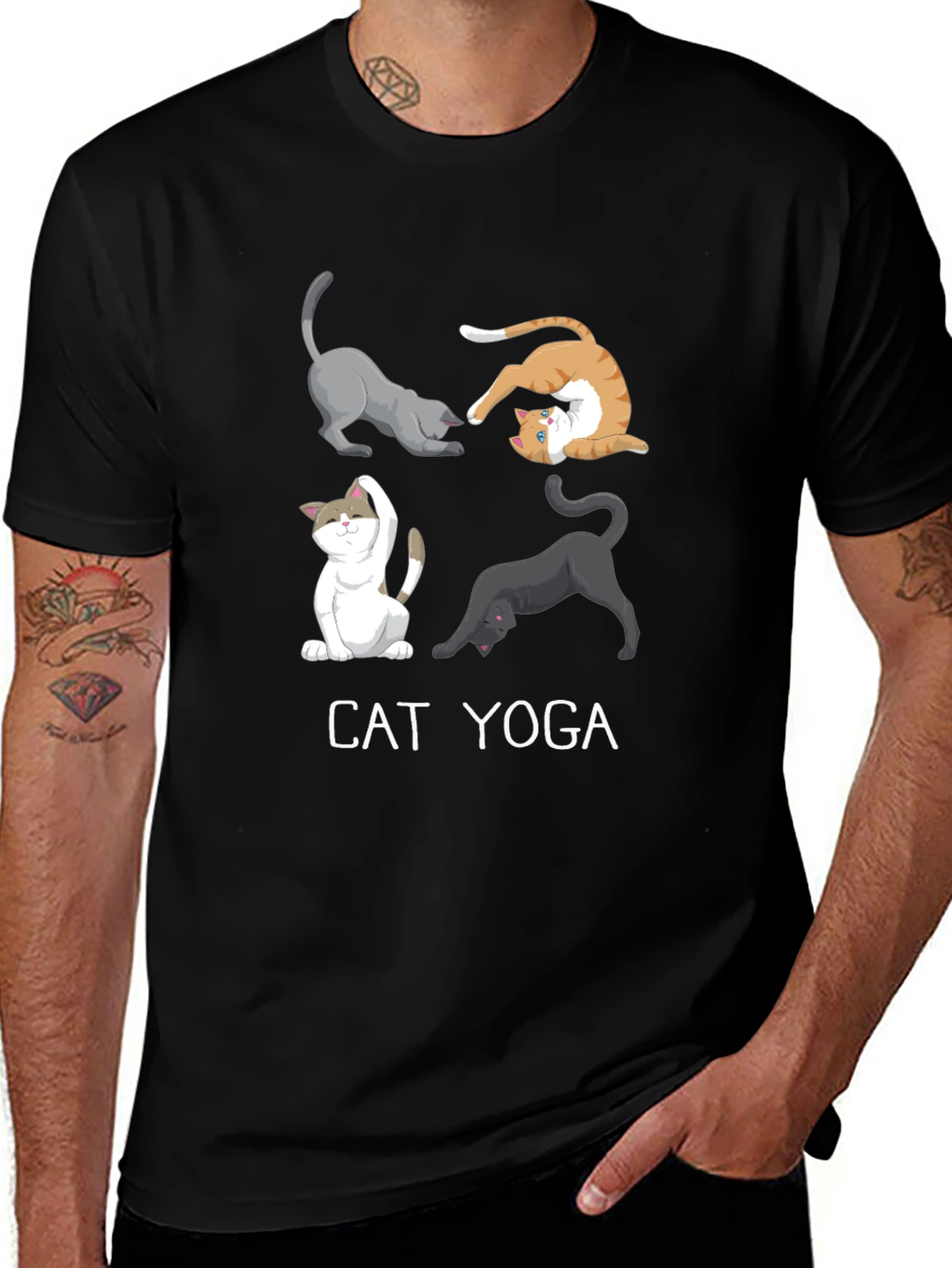 Cat Yoga Black Graphic Tee for Men