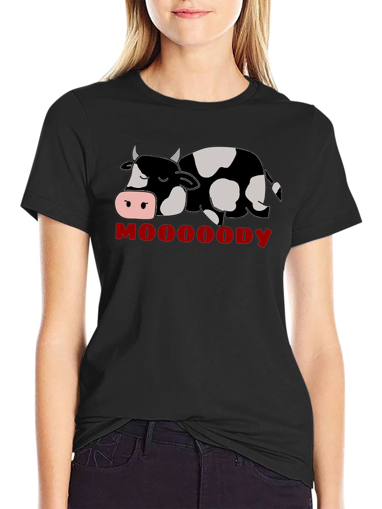 Mooody Cow Graphic T-Shirt - Black Crew Neck Tee