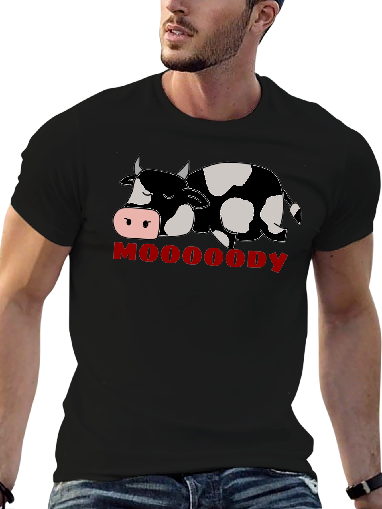 Mooody Cow Graphic T-Shirt - Black Crew Neck Tee