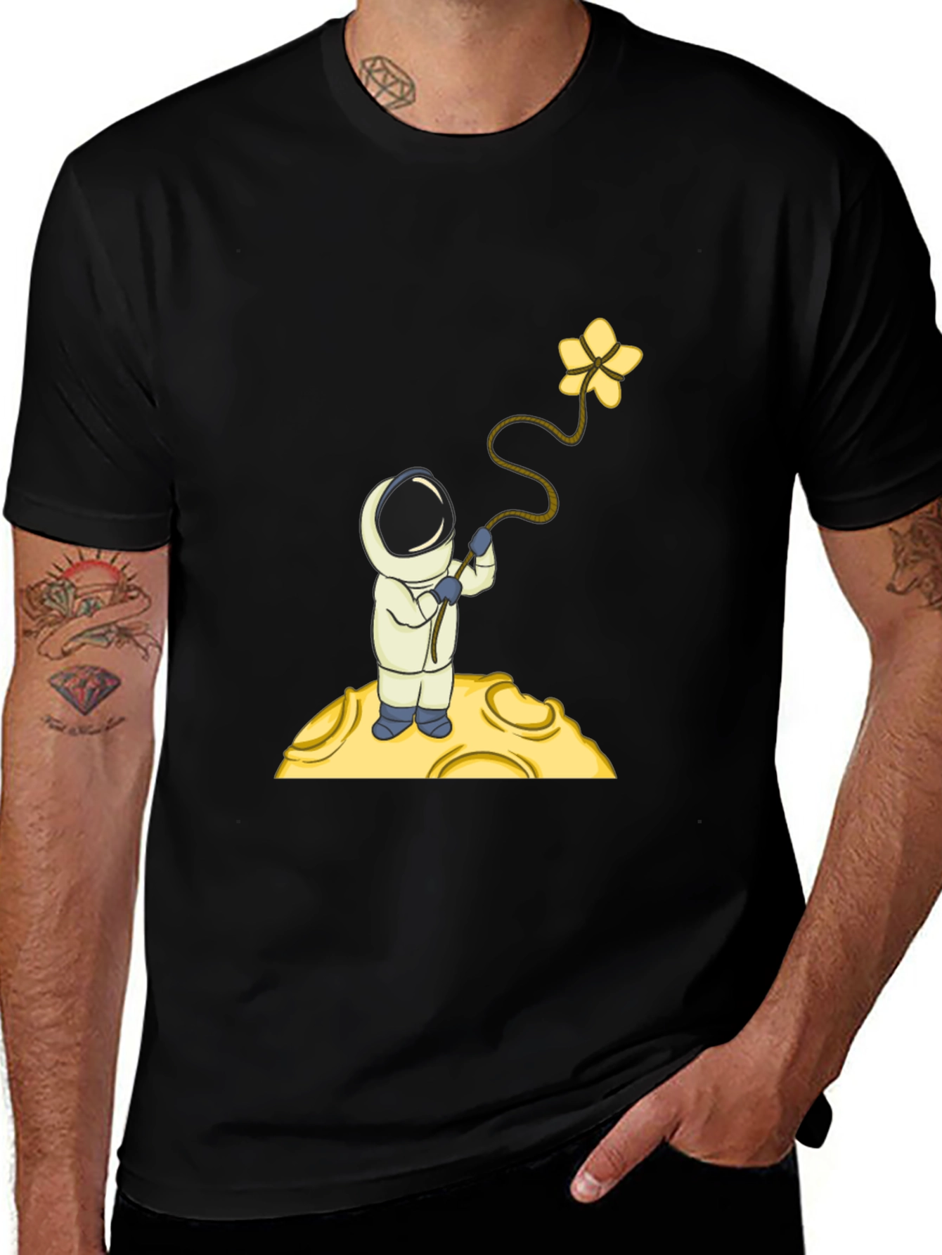 Astronaut Flower Graphic T-Shirt - Black Cotton