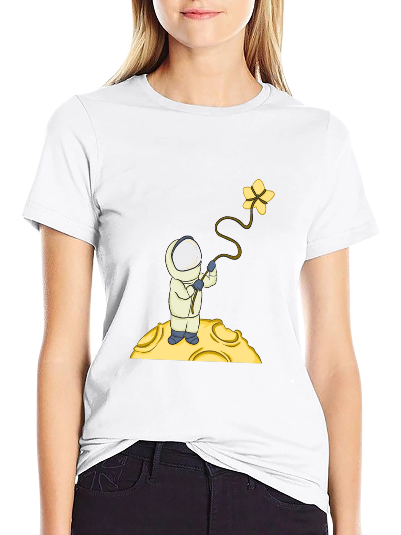 Astronaut Flower Graphic T-Shirt - Black Cotton