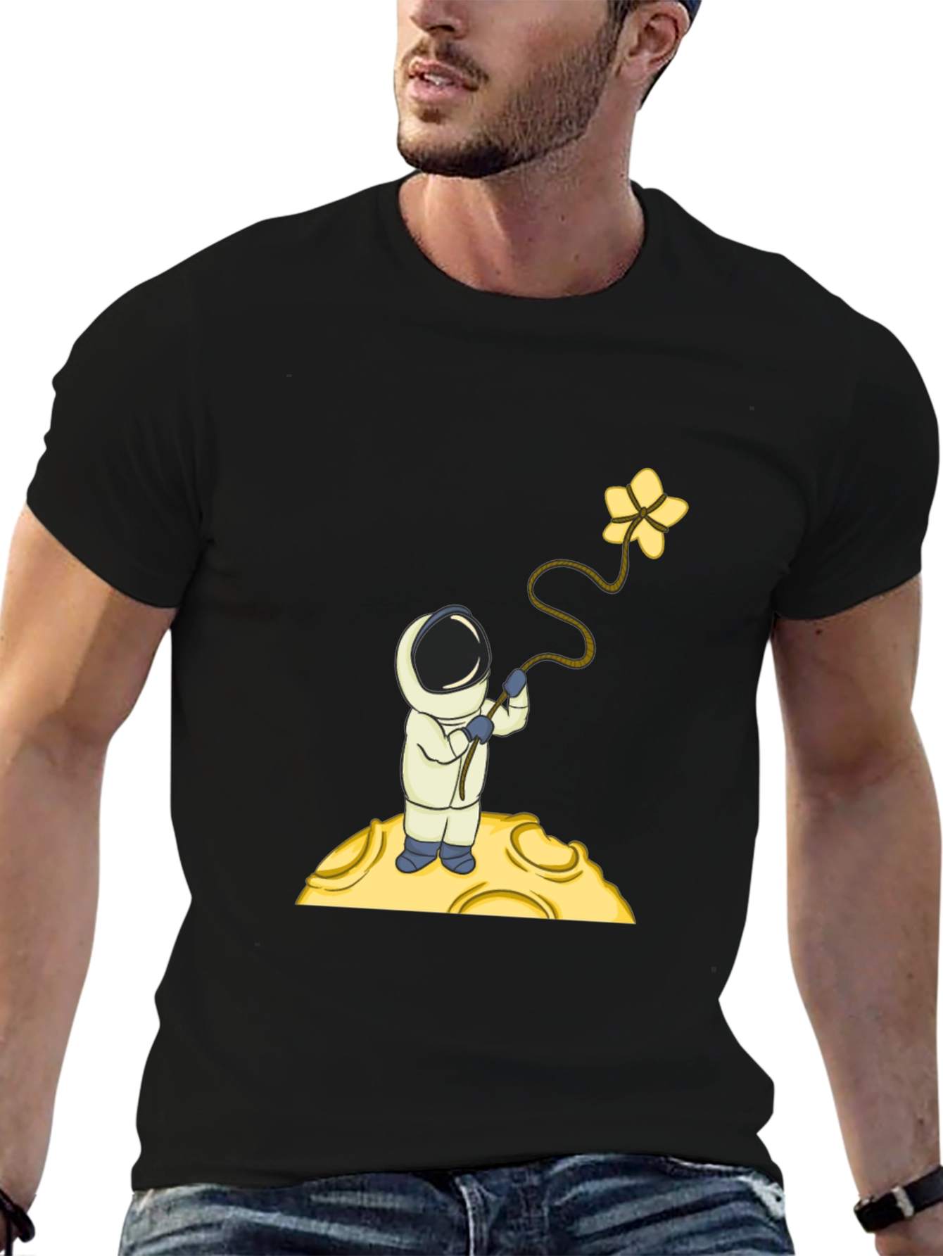 Astronaut Flower Graphic T-Shirt - Black Cotton