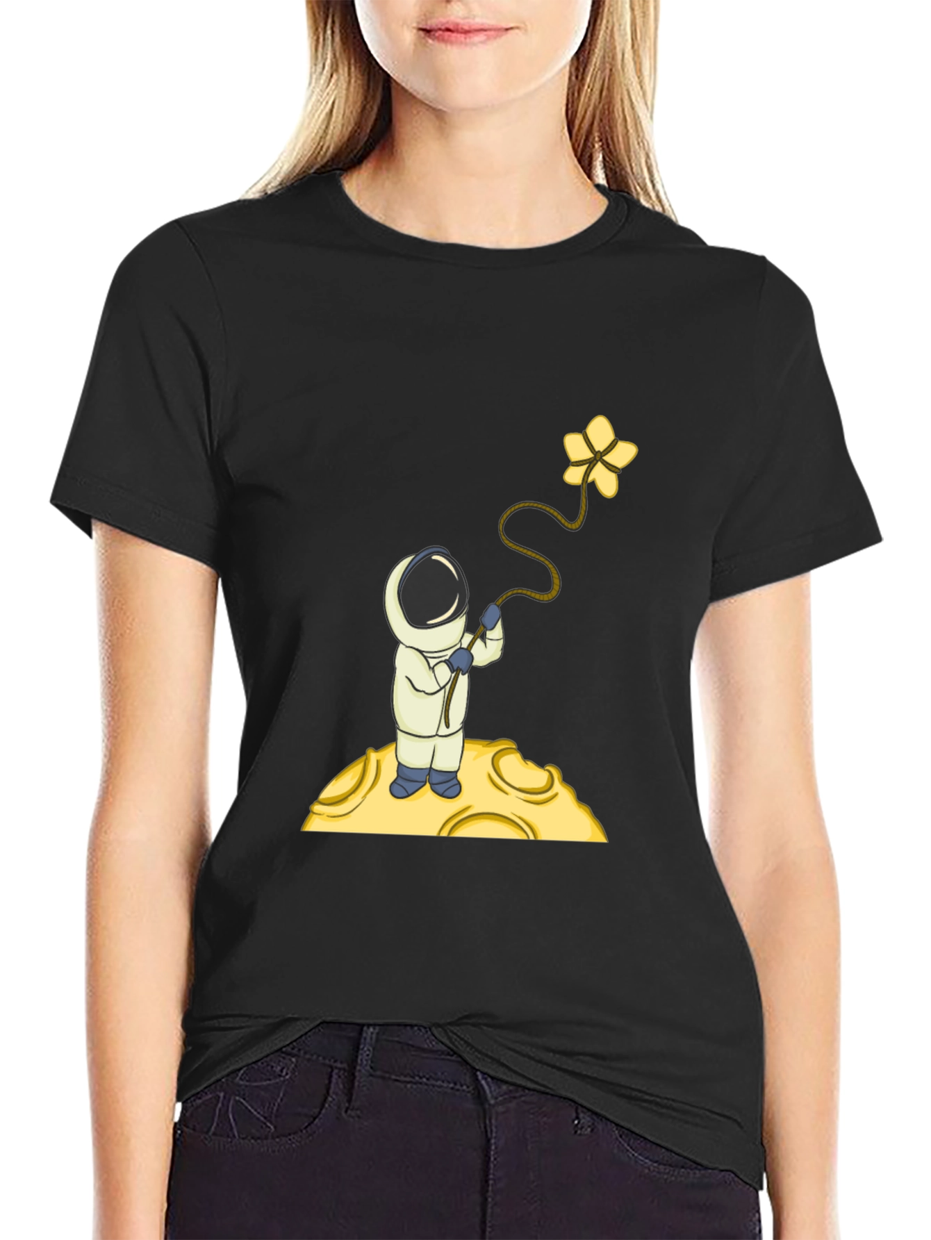 Astronaut Flower Graphic T-Shirt - Black Cotton