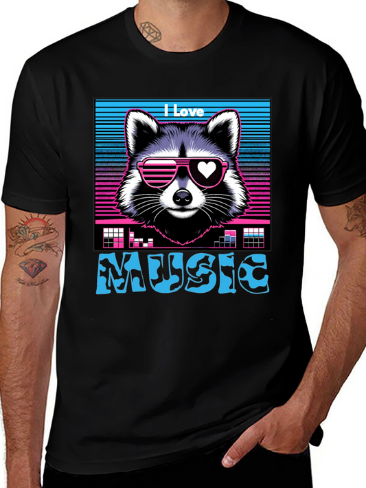 I Love Music Raccoon T-Shirt - Retro 80s Style