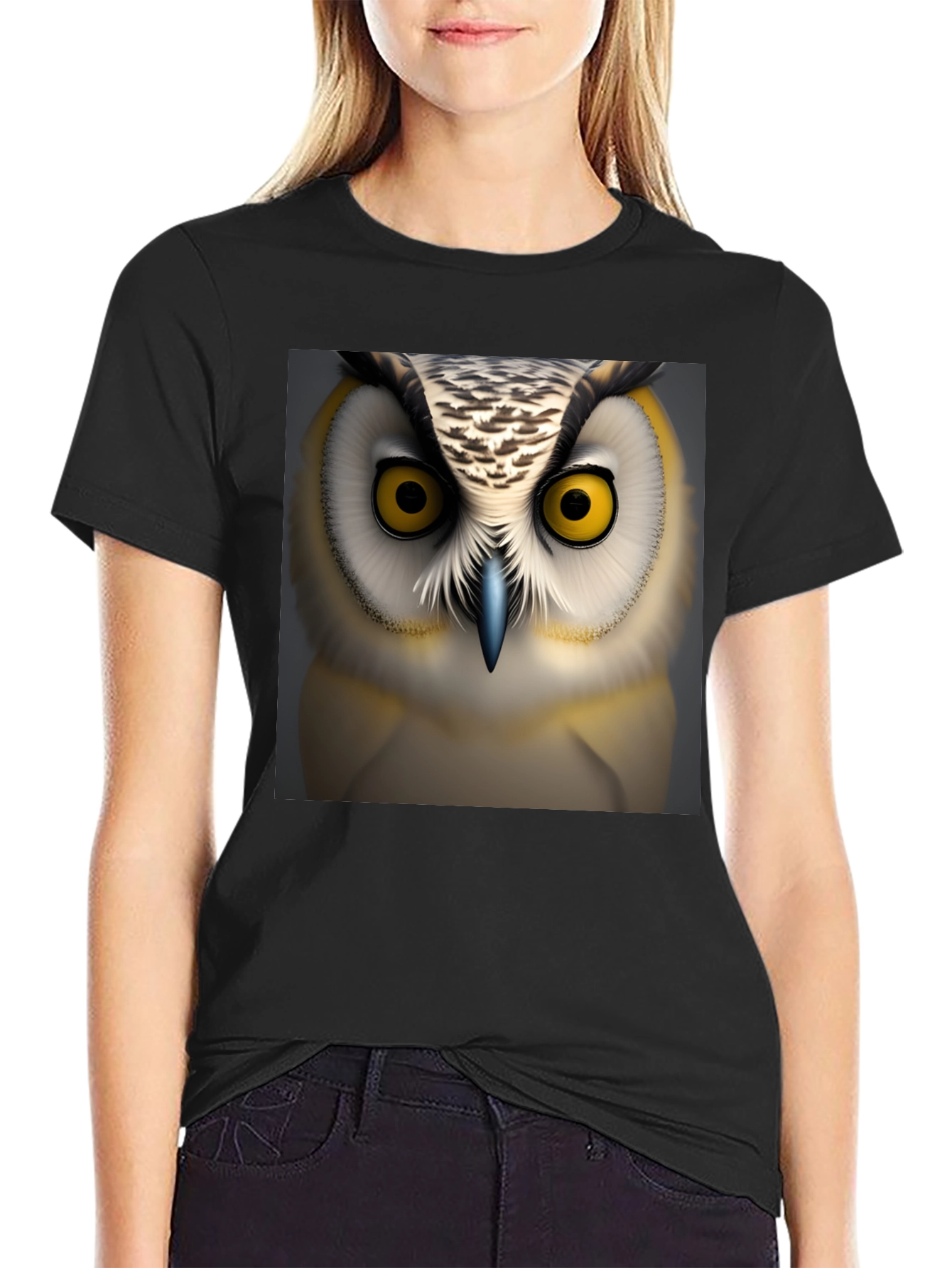 Owl Face Graphic Print Black T-Shirt