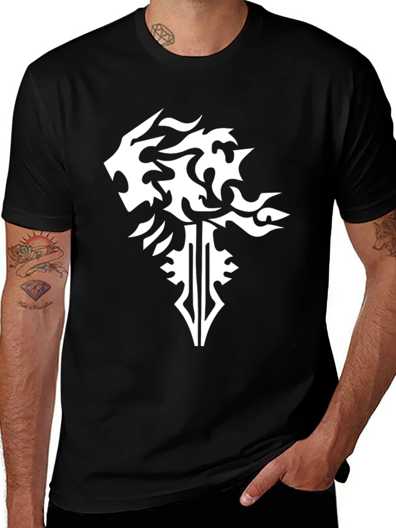 Black T-Shirt with Abstract Lion & Sword Design