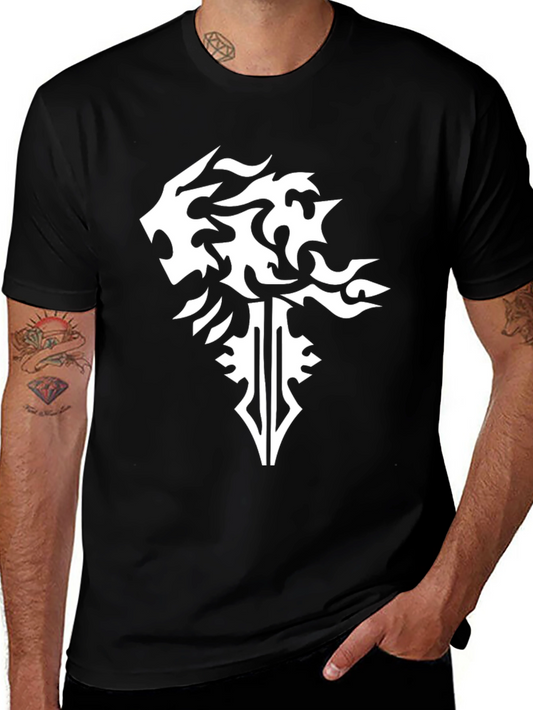 Black T-Shirt with Abstract Lion & Sword Design