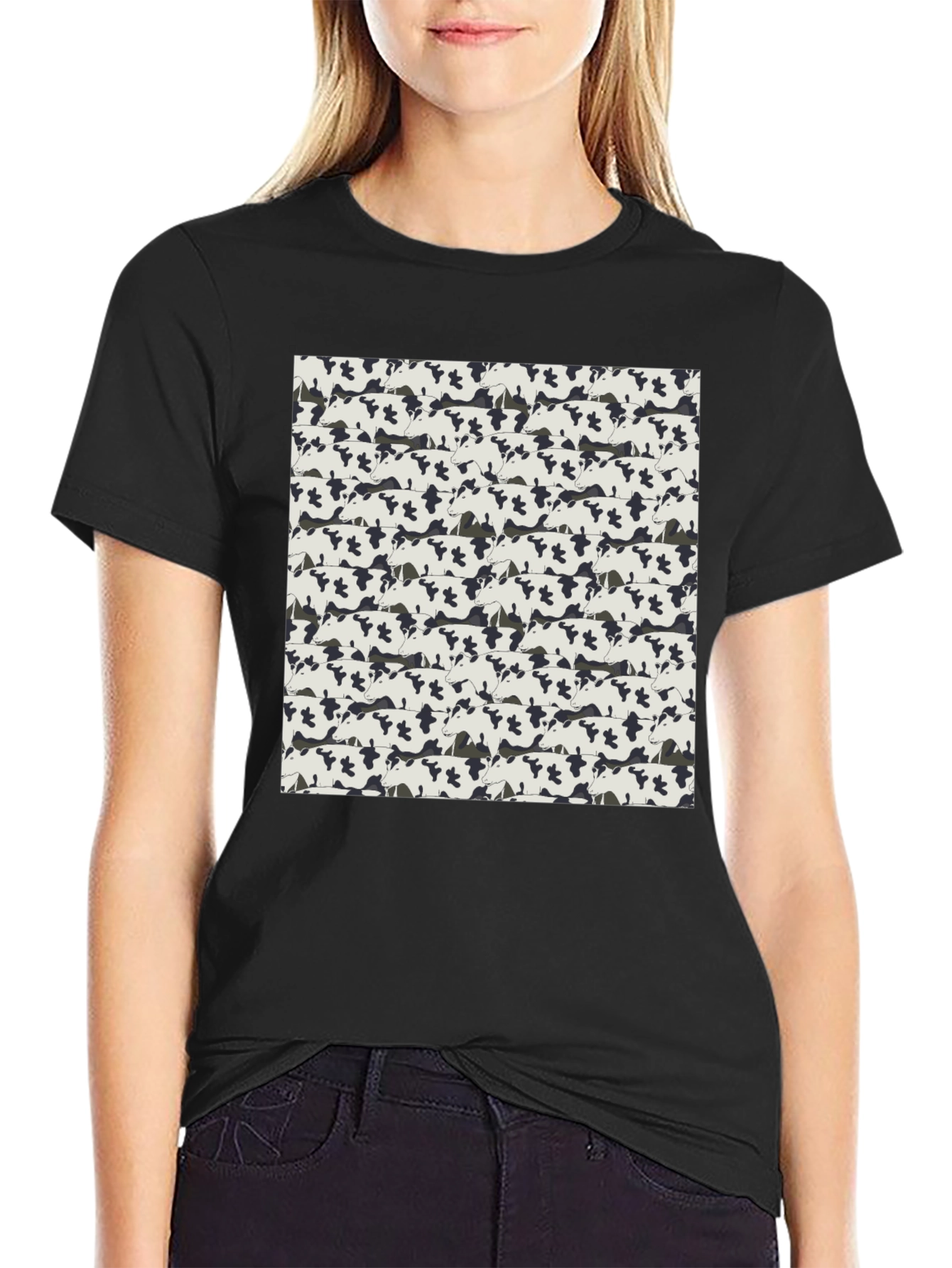 Cow Print T-Shirt - Black - Patterned Tee