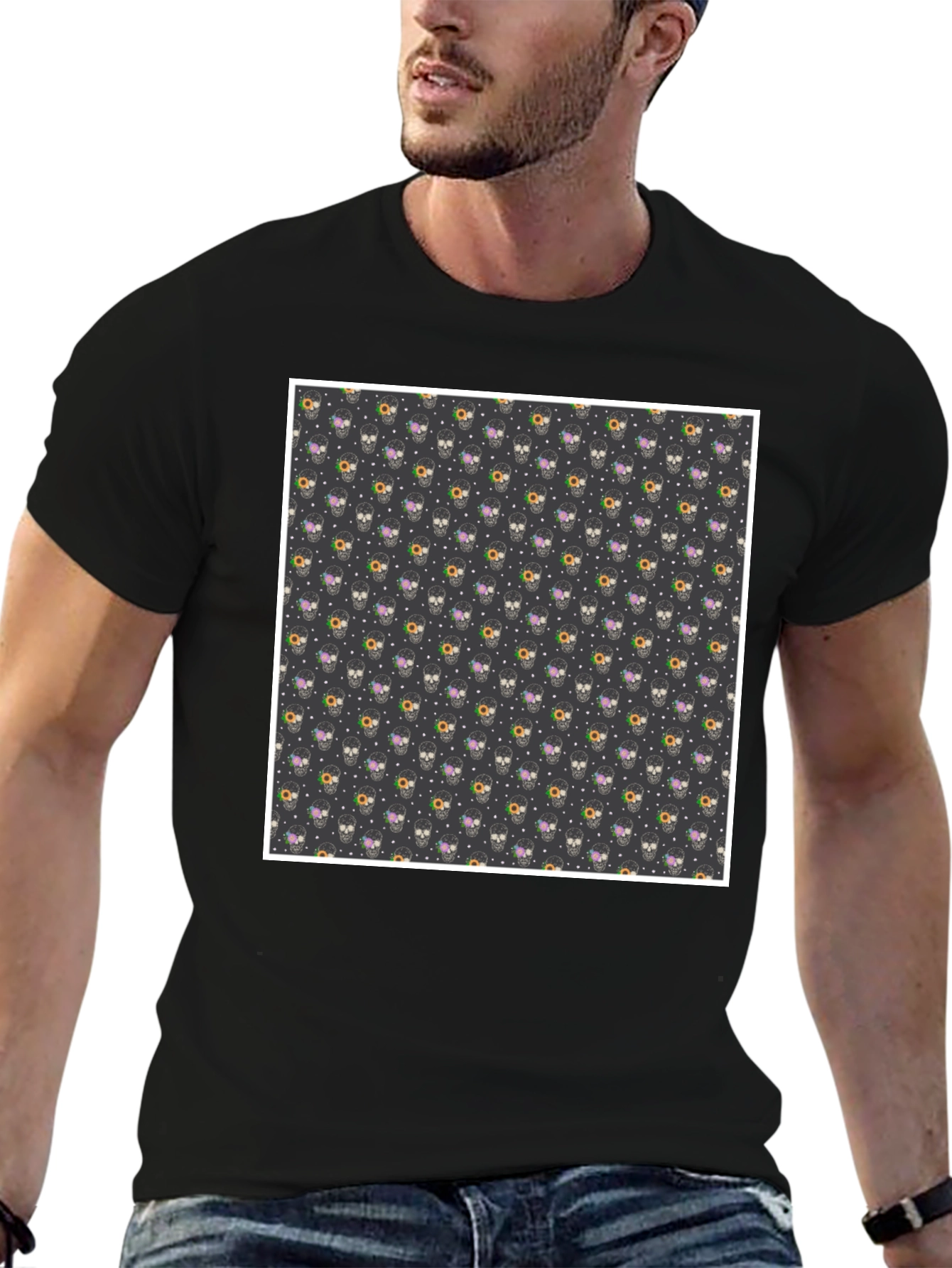 Skull & Floral Print Black T-Shirt