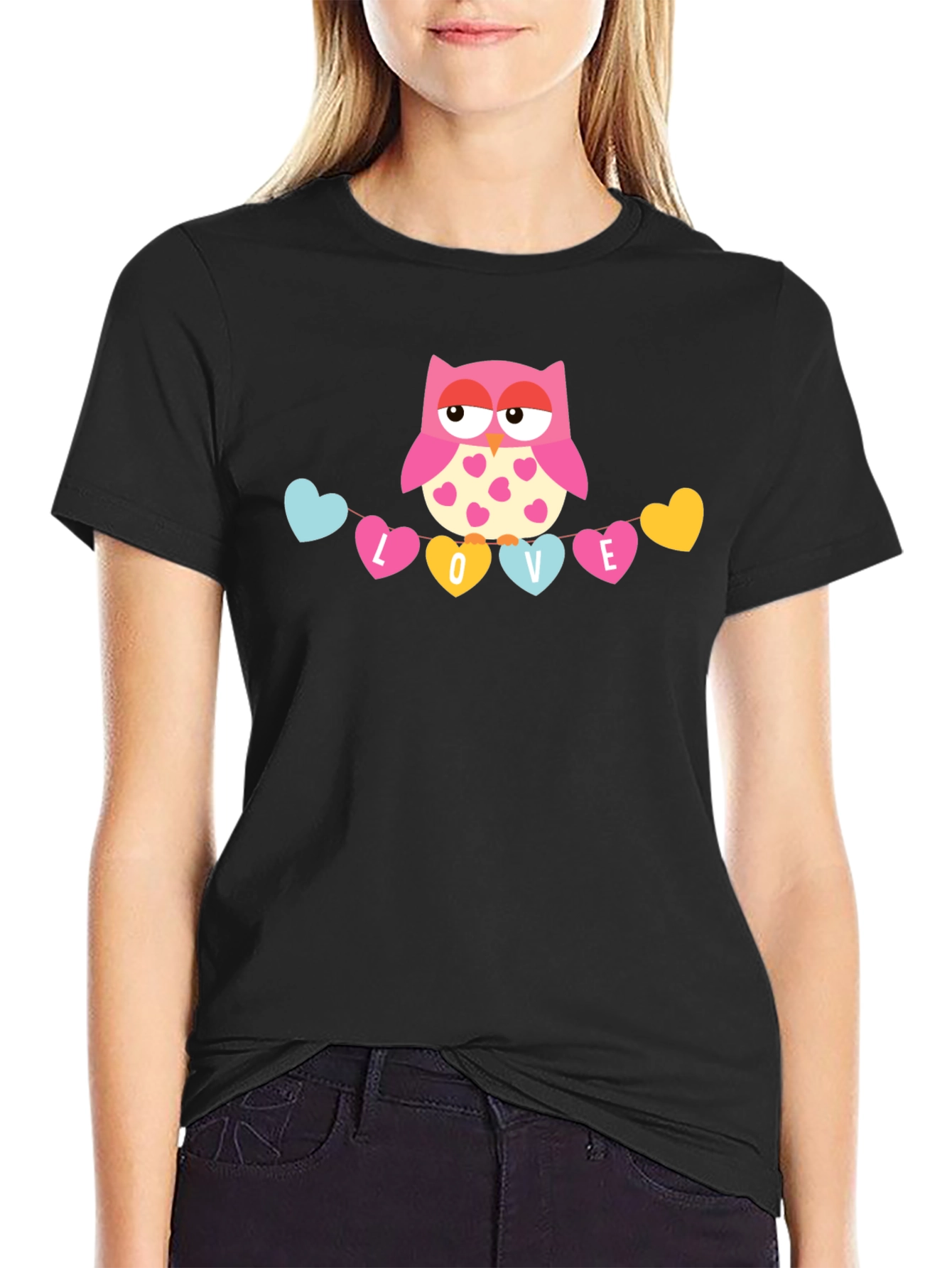 Owl Love Valentines Graphic T-Shirt - Black