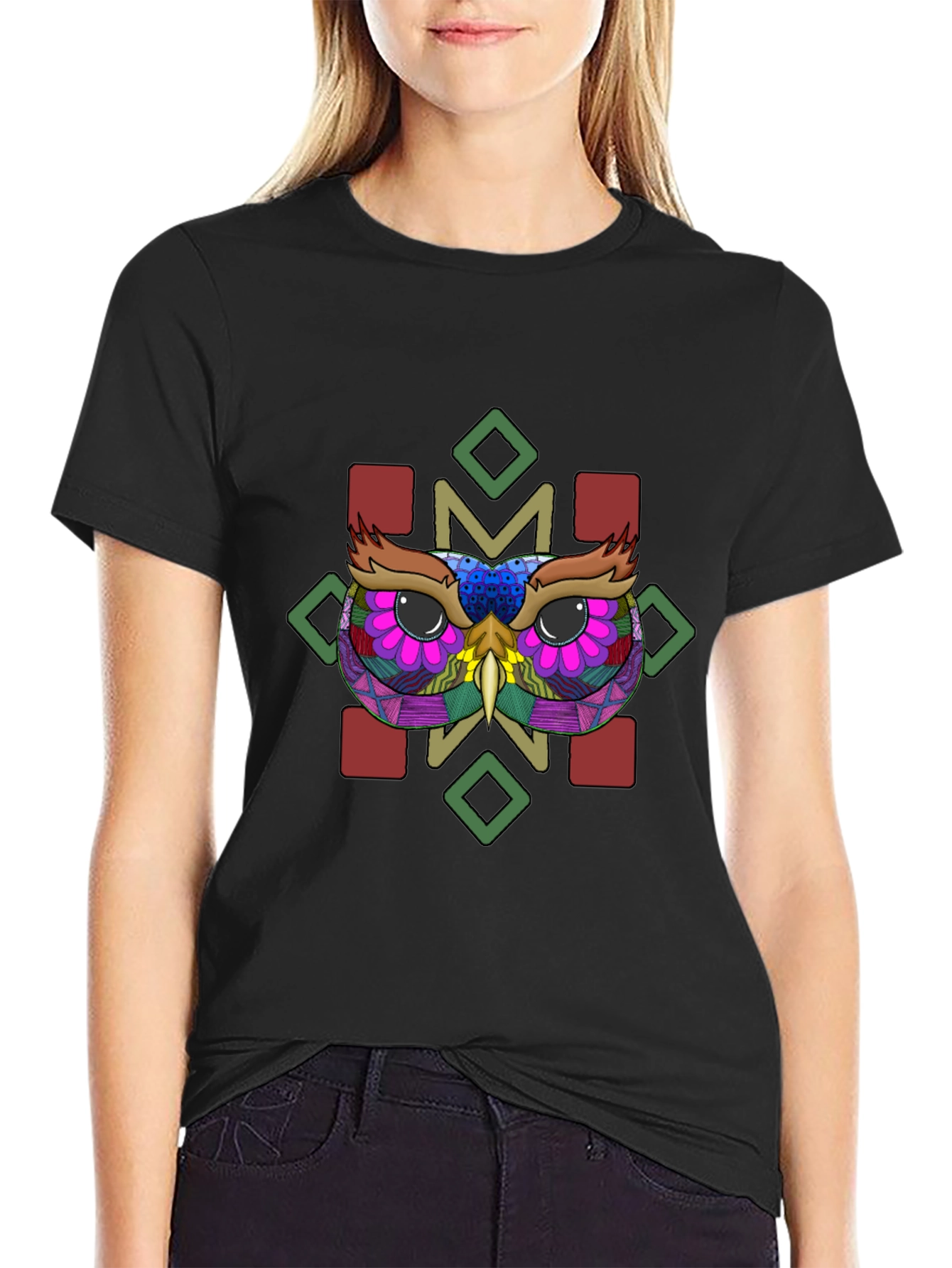 Owl Graphic Tee - Black Cotton Blend Shirt