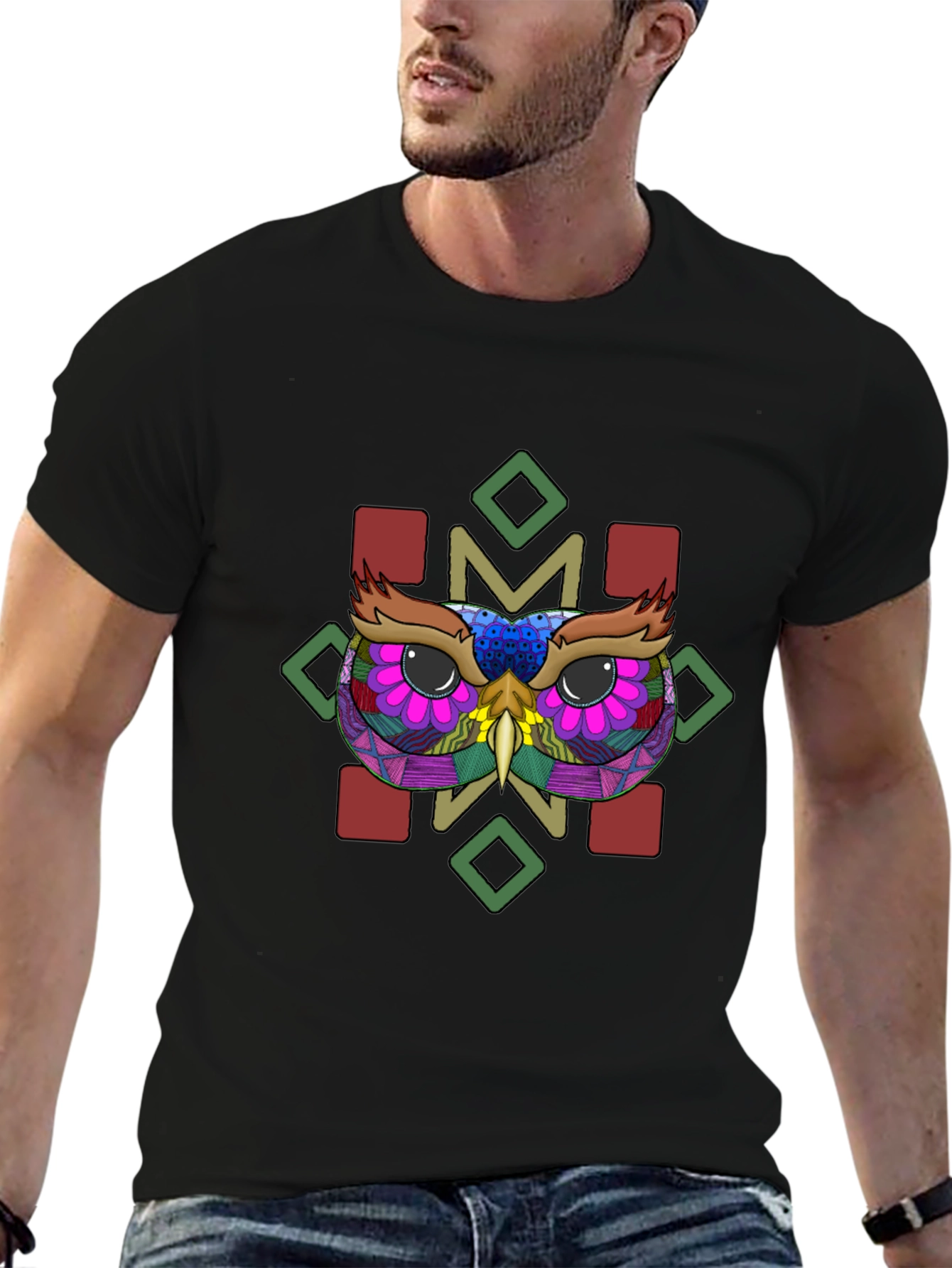 Owl Graphic Tee - Black Cotton Blend Shirt
