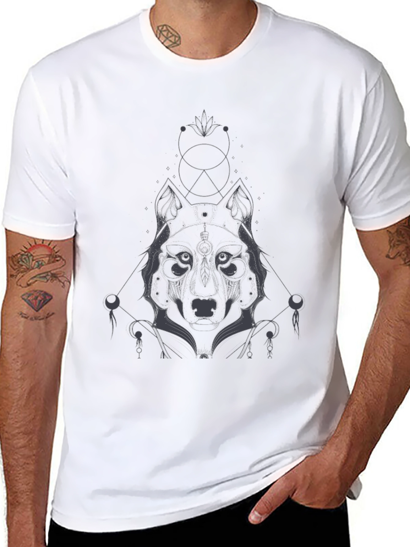 Geometric Wolf Graphic Tee - Black Cotton Blend Shirt