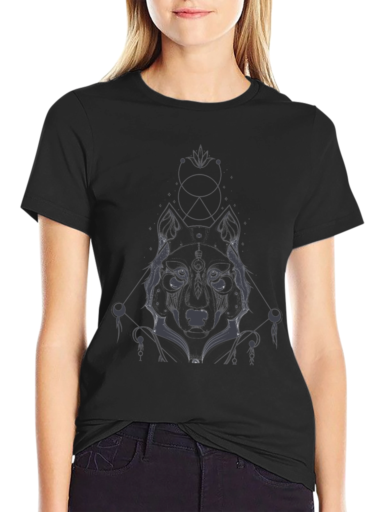 Geometric Wolf Graphic Tee - Black Cotton Blend Shirt
