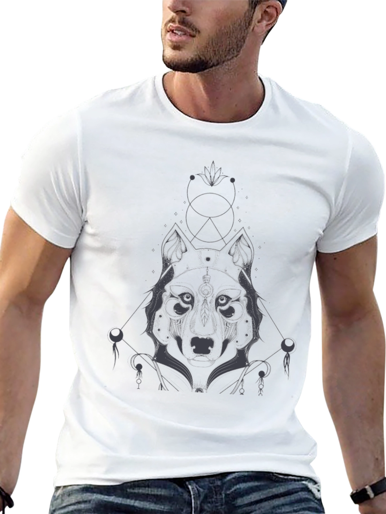 Geometric Wolf Graphic Tee - Black Cotton Blend Shirt