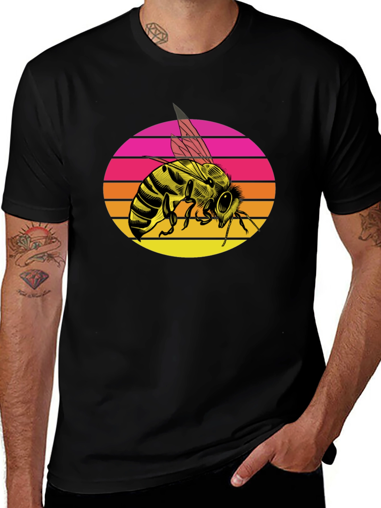 Sunset Bee Graphic Tee - Trendy Black T-Shirt