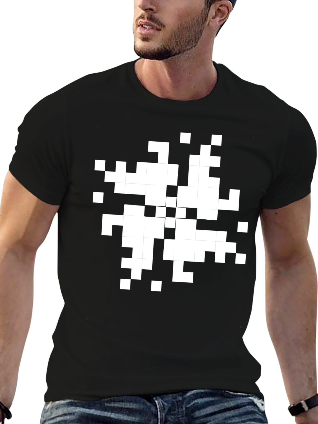 Pixel Art Graphic T-Shirt - Black Cotton Casual Tee