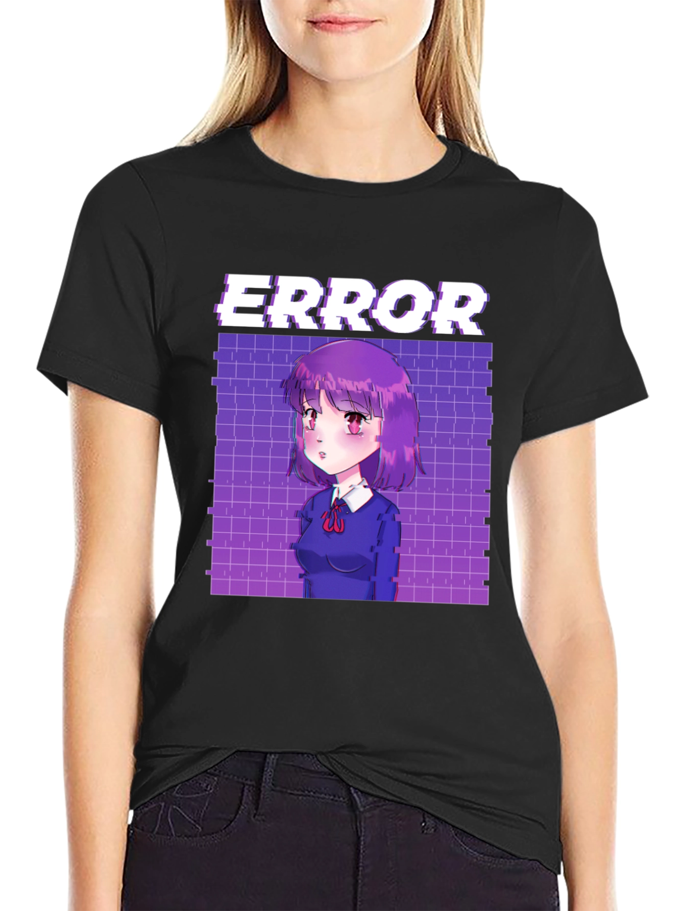 Anime Girl Error Graphic Tee - Black