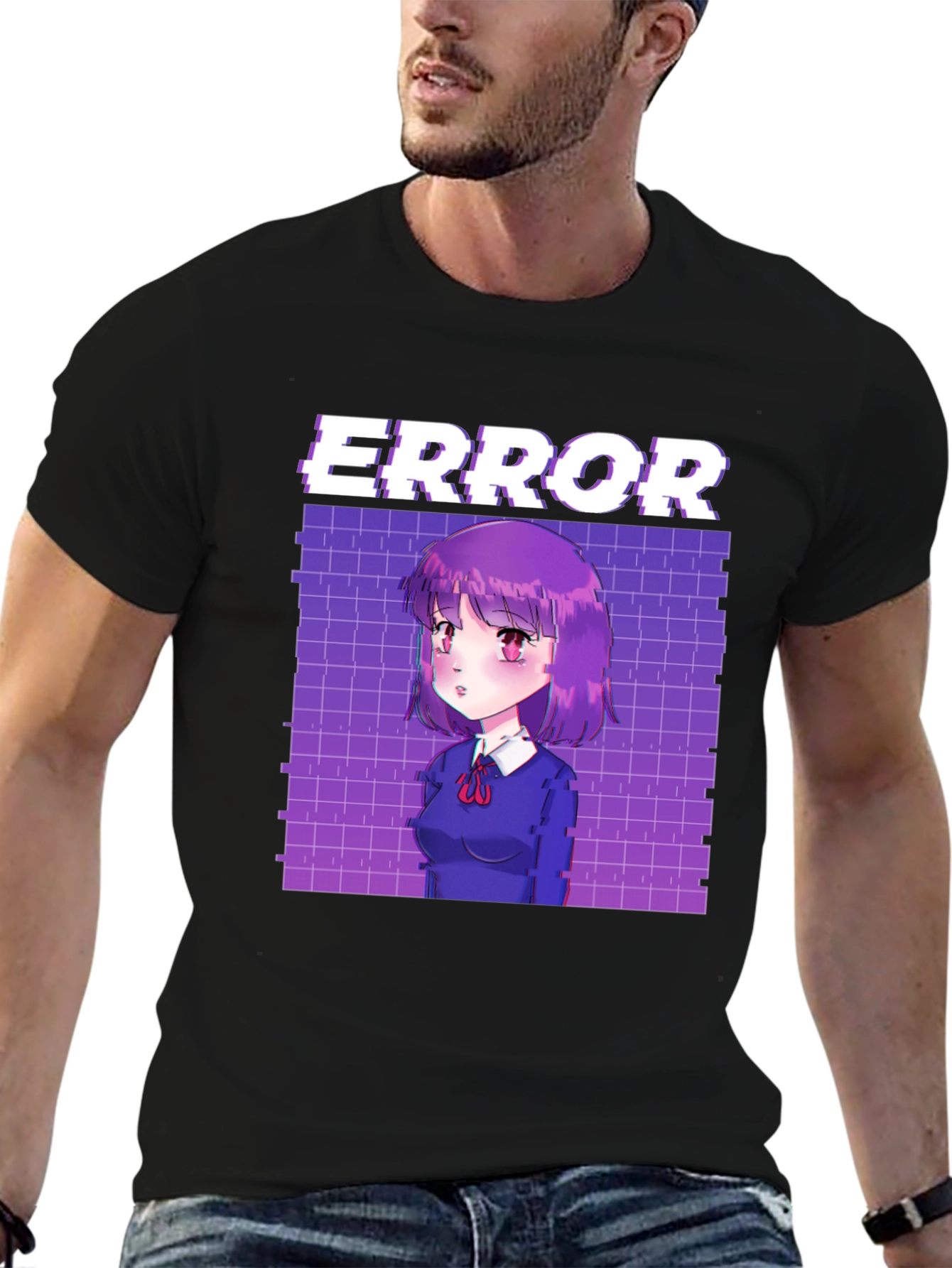 Anime Girl Error Graphic Tee - Black