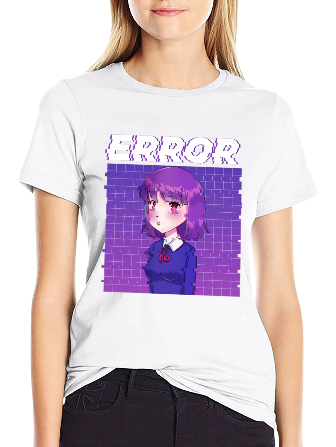 Anime Girl Error Graphic Tee - Black