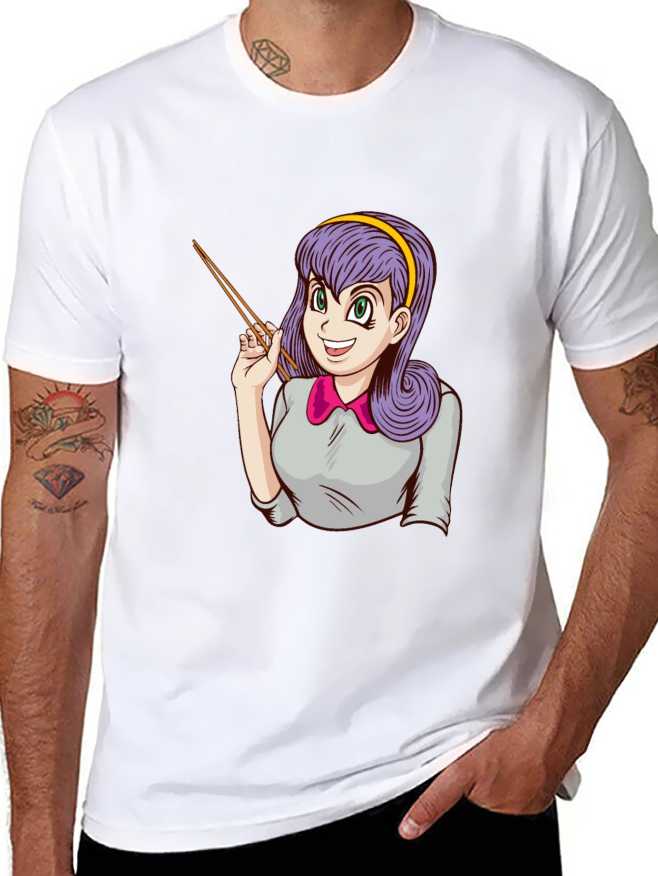 Anime Girl with Chopsticks Graphic T-Shirt