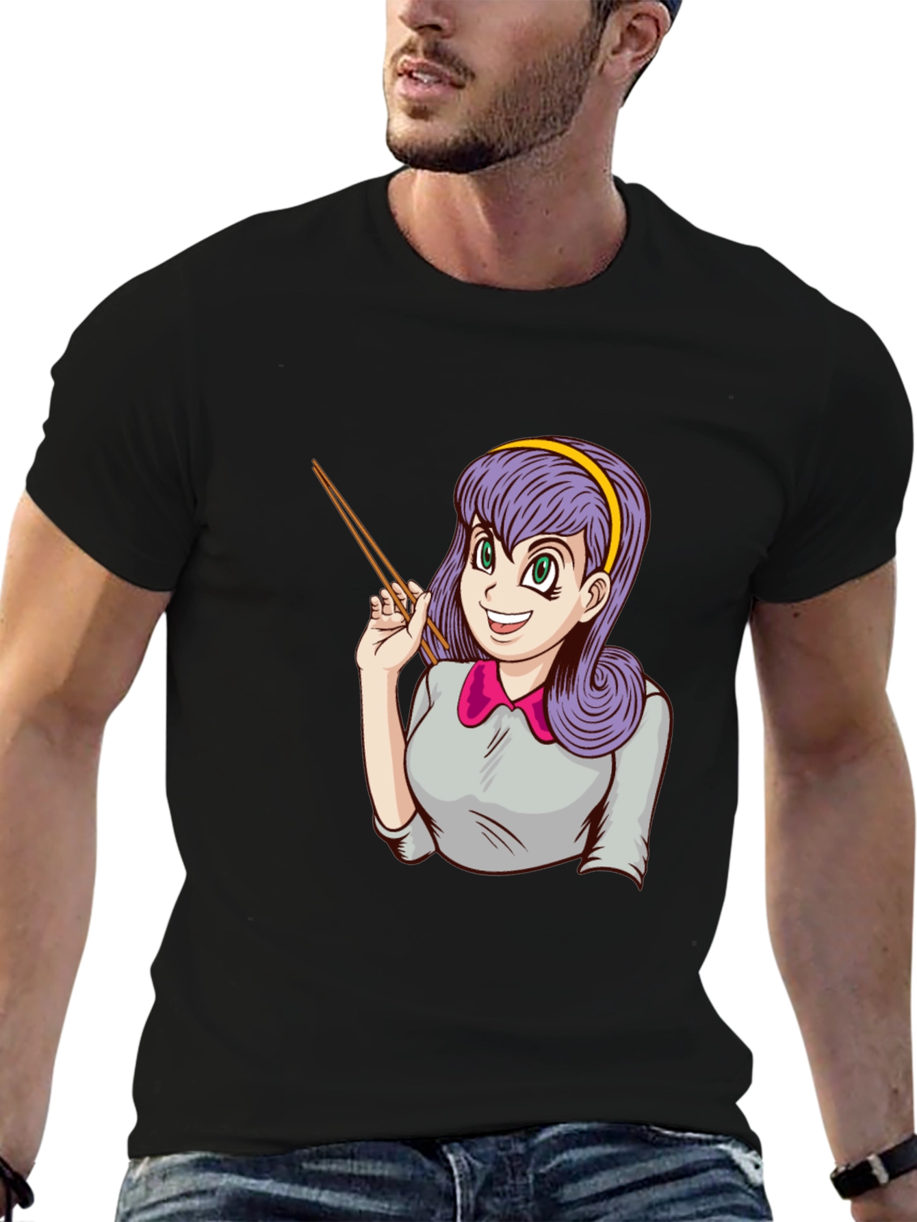 Anime Girl with Chopsticks Graphic T-Shirt