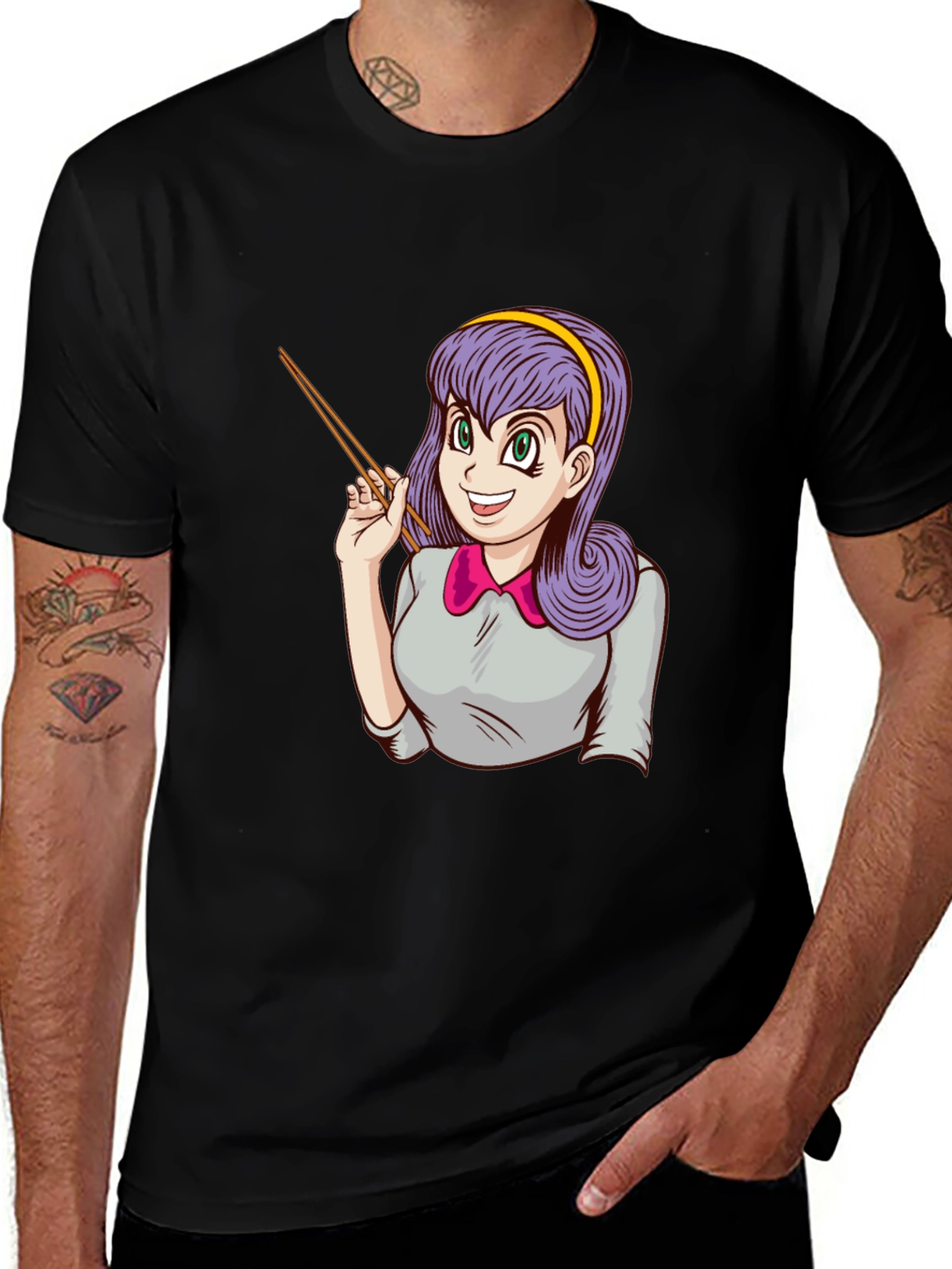 Anime Girl with Chopsticks Graphic T-Shirt