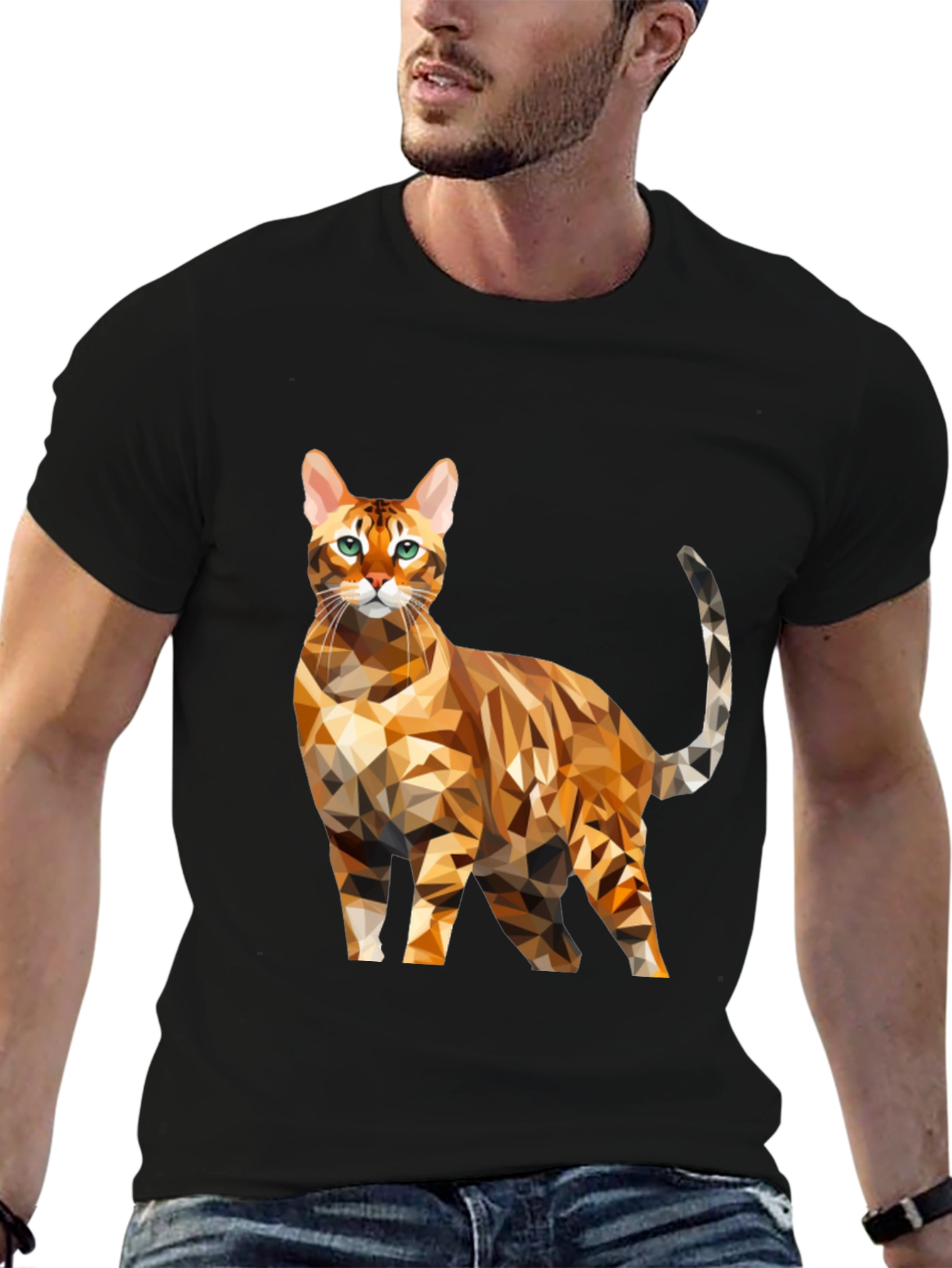 Geometric Cat Graphic Tee - Black Cotton Blend