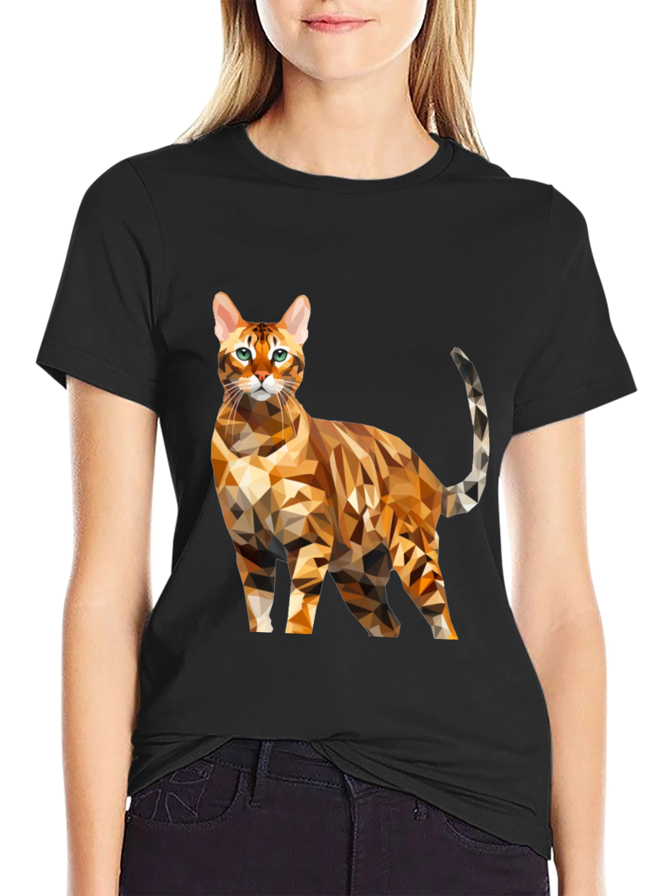 Geometric Cat Graphic Tee - Black Cotton Blend