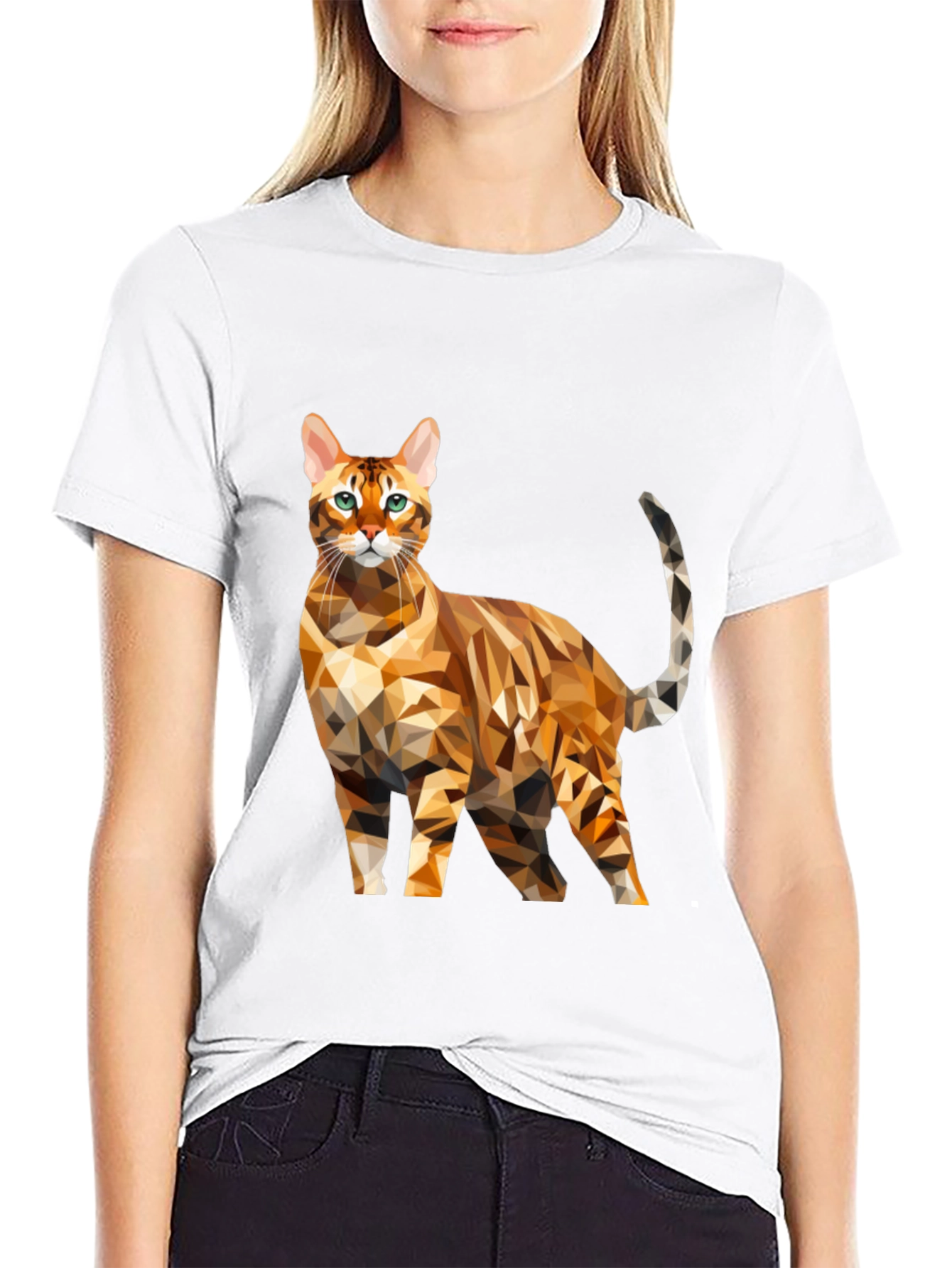 Geometric Cat Graphic Tee - Black Cotton Blend