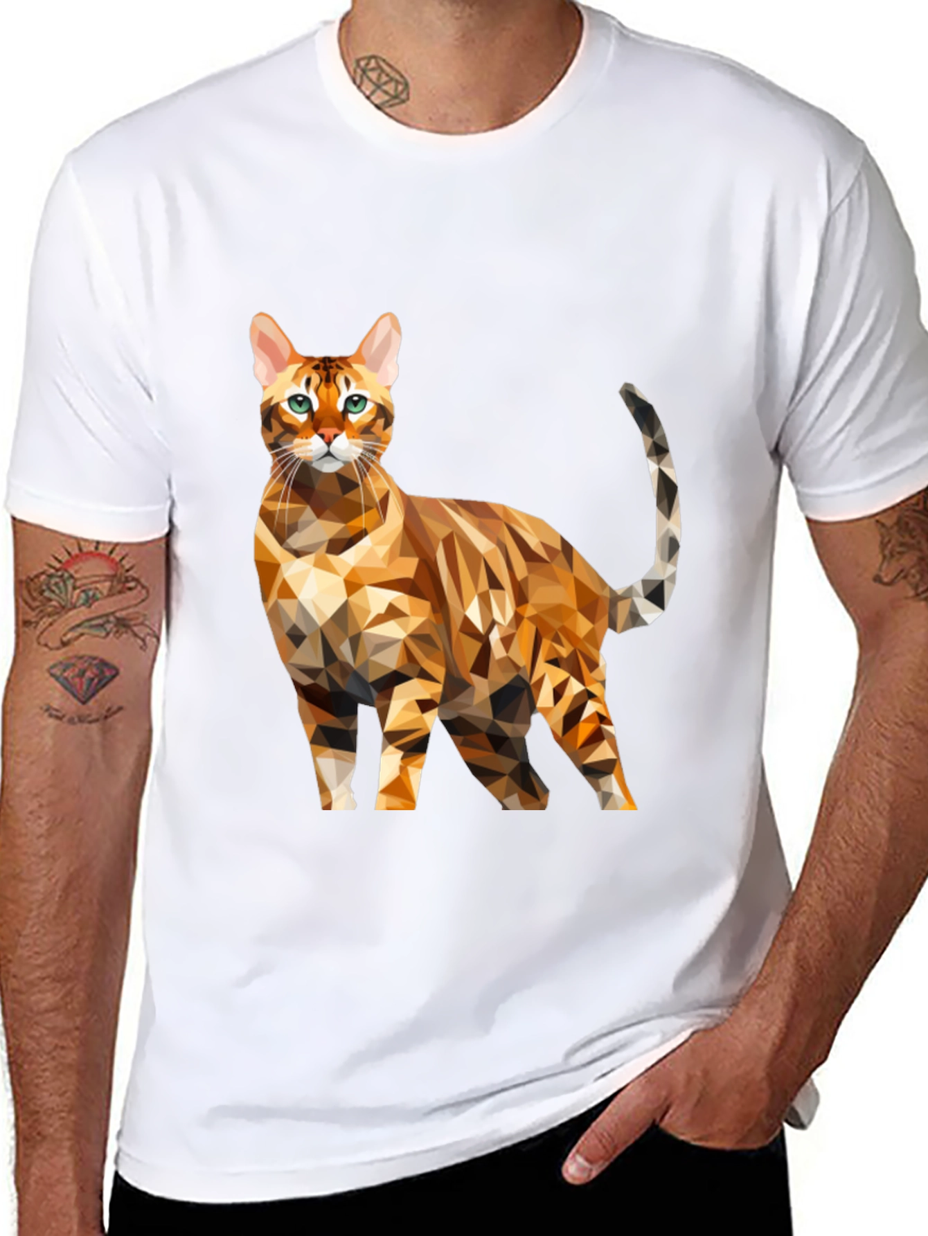 Geometric Cat Graphic Tee - Black Cotton Blend