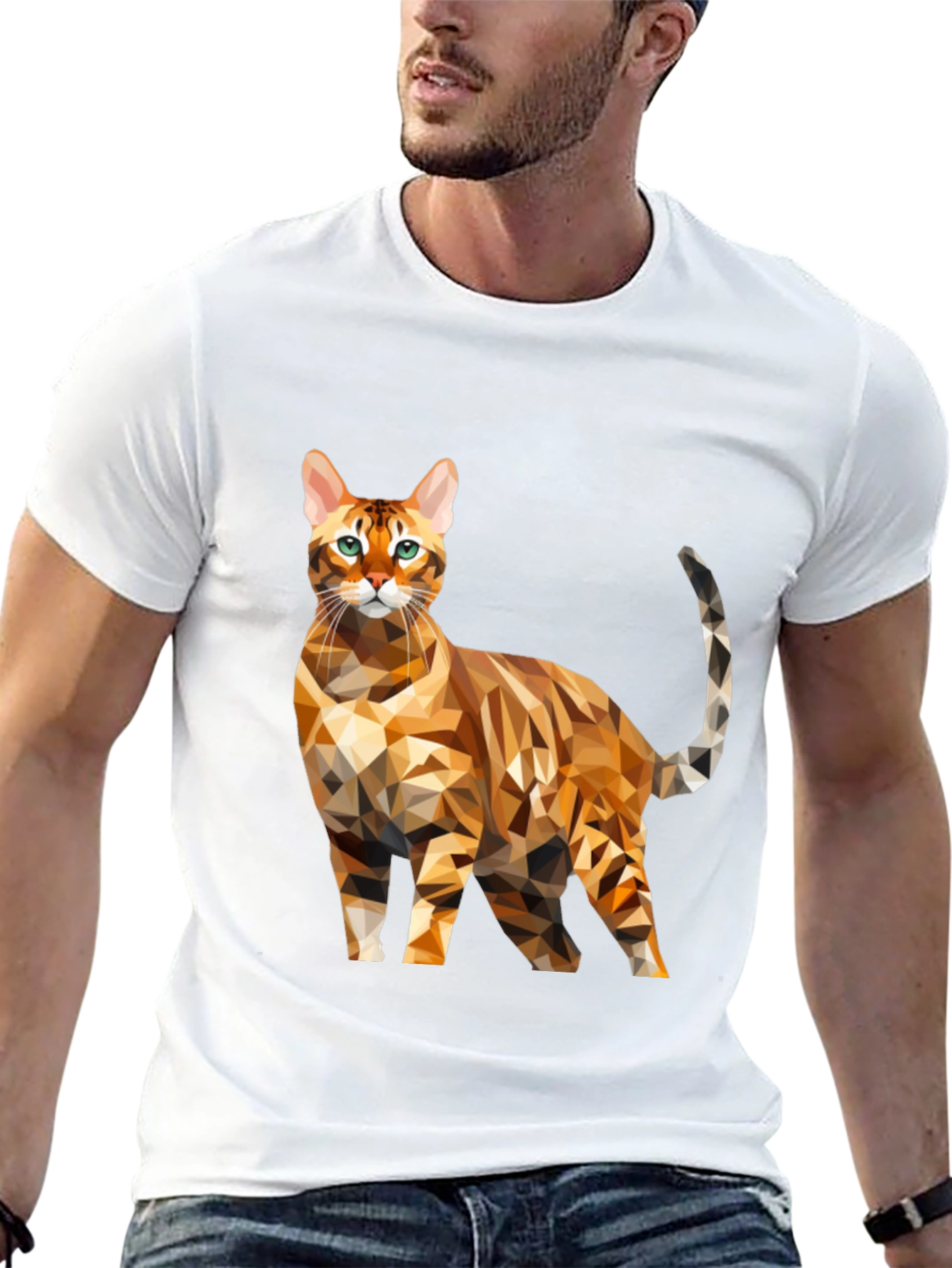Geometric Cat Graphic Tee - Black Cotton Blend