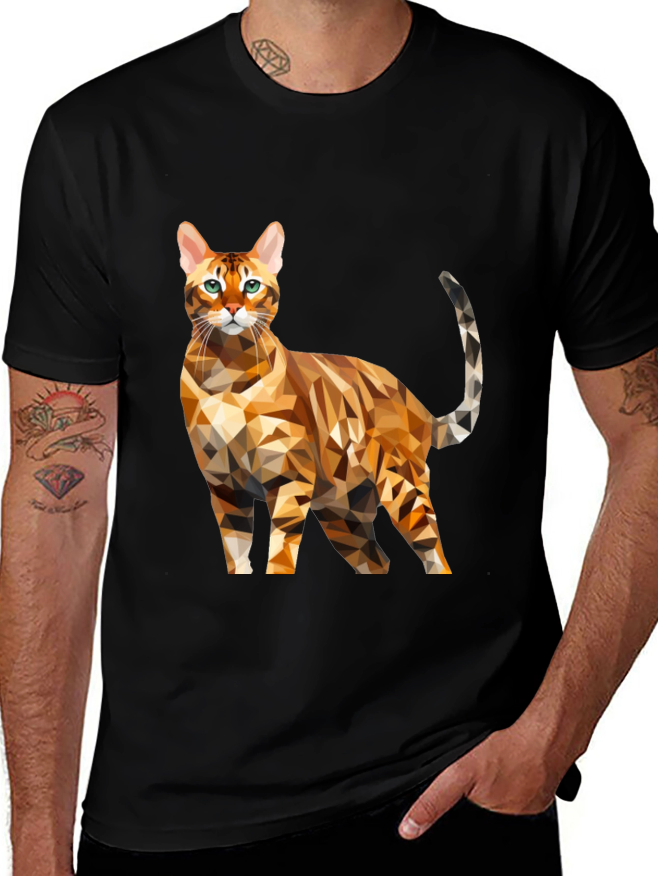 Geometric Cat Graphic Tee - Black Cotton Blend