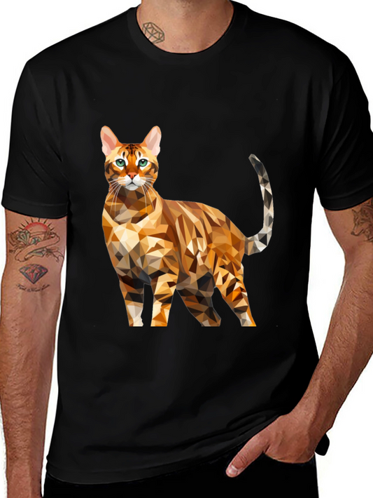 Geometric Cat Graphic Tee - Black Cotton Blend