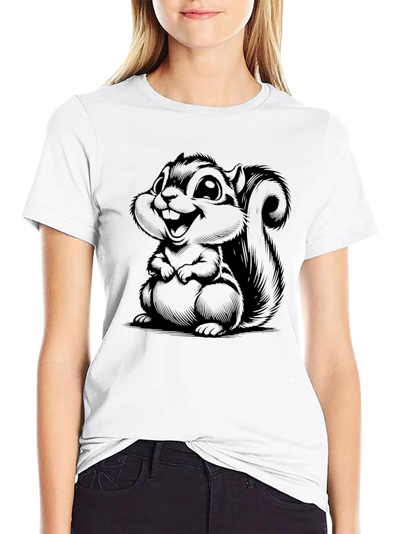 Cartoon Squirrel Graphic Tee - Soft Black T-Shirt