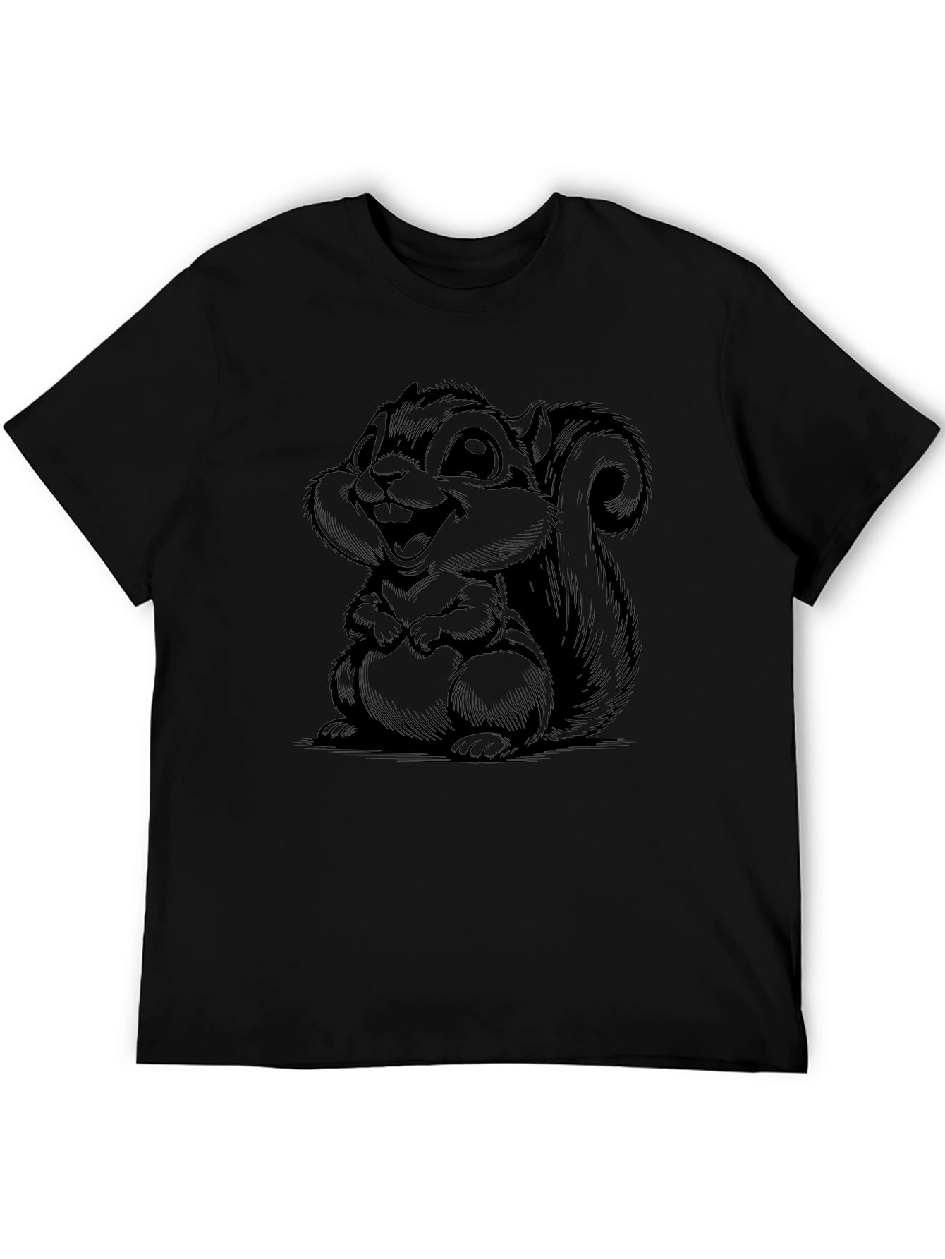 Cartoon Squirrel Graphic Tee - Soft Black T-Shirt