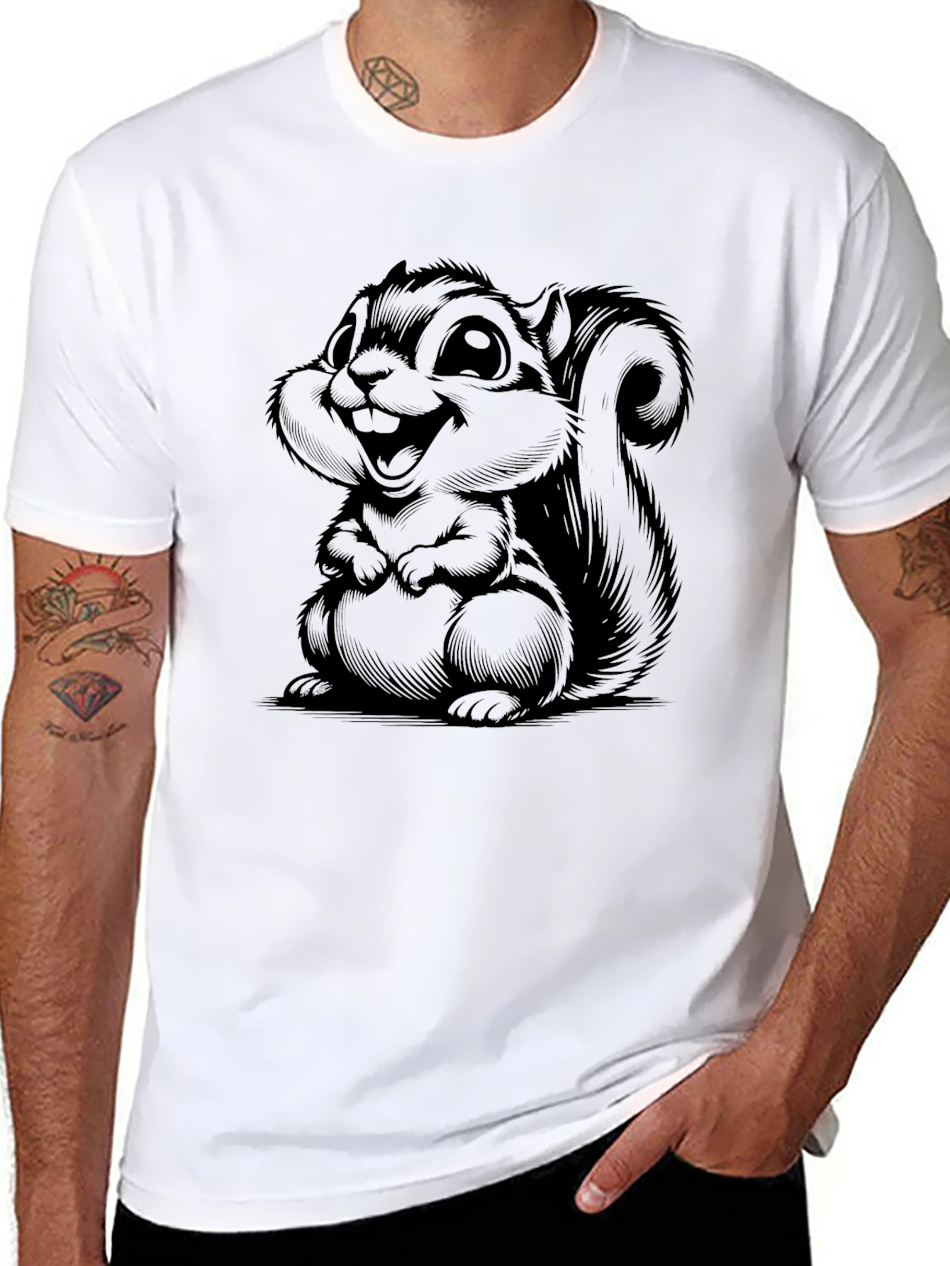Cartoon Squirrel Graphic Tee - Soft Black T-Shirt