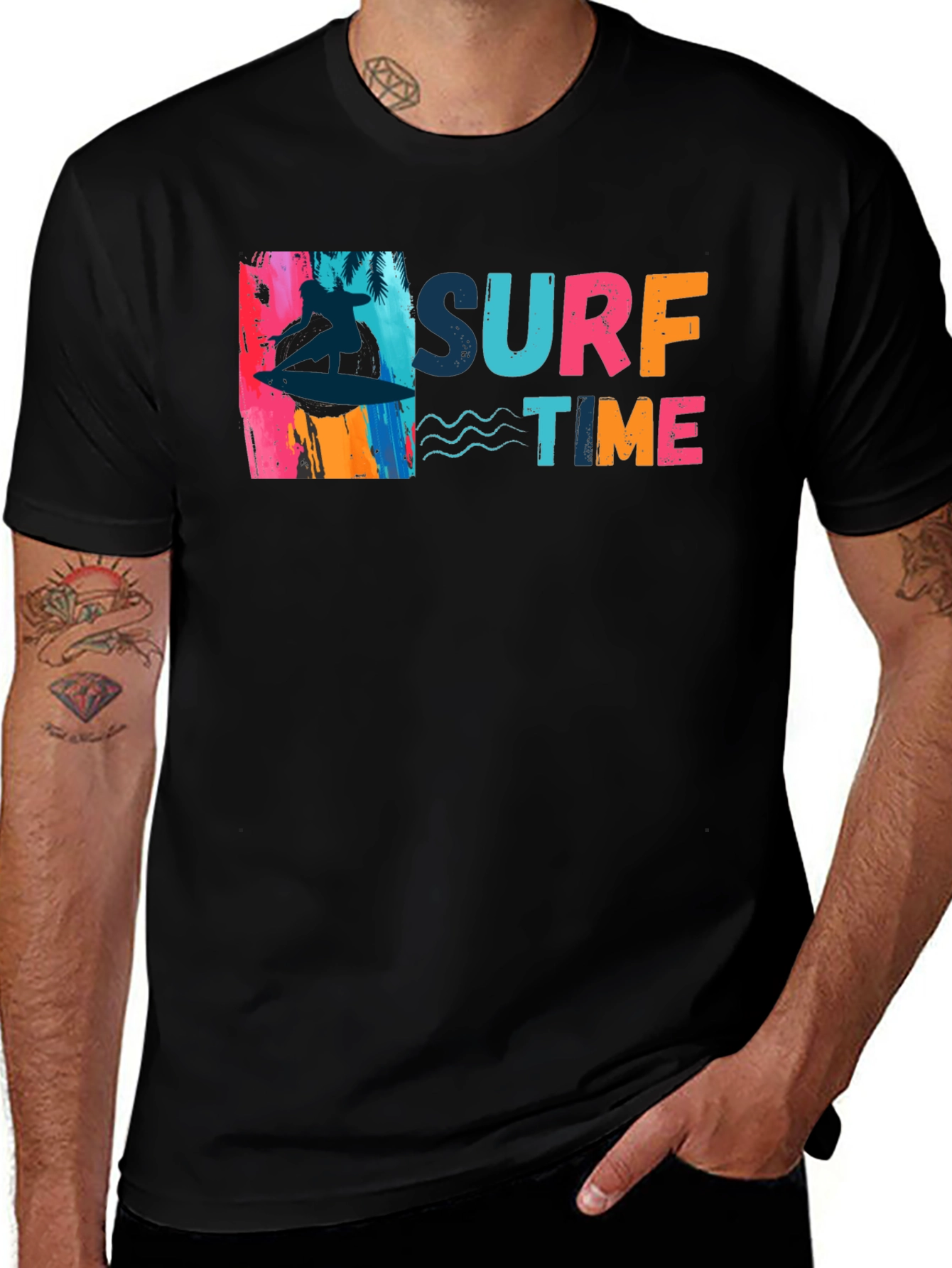 Surf Time Graphic Tee - Black Cotton T-Shirt