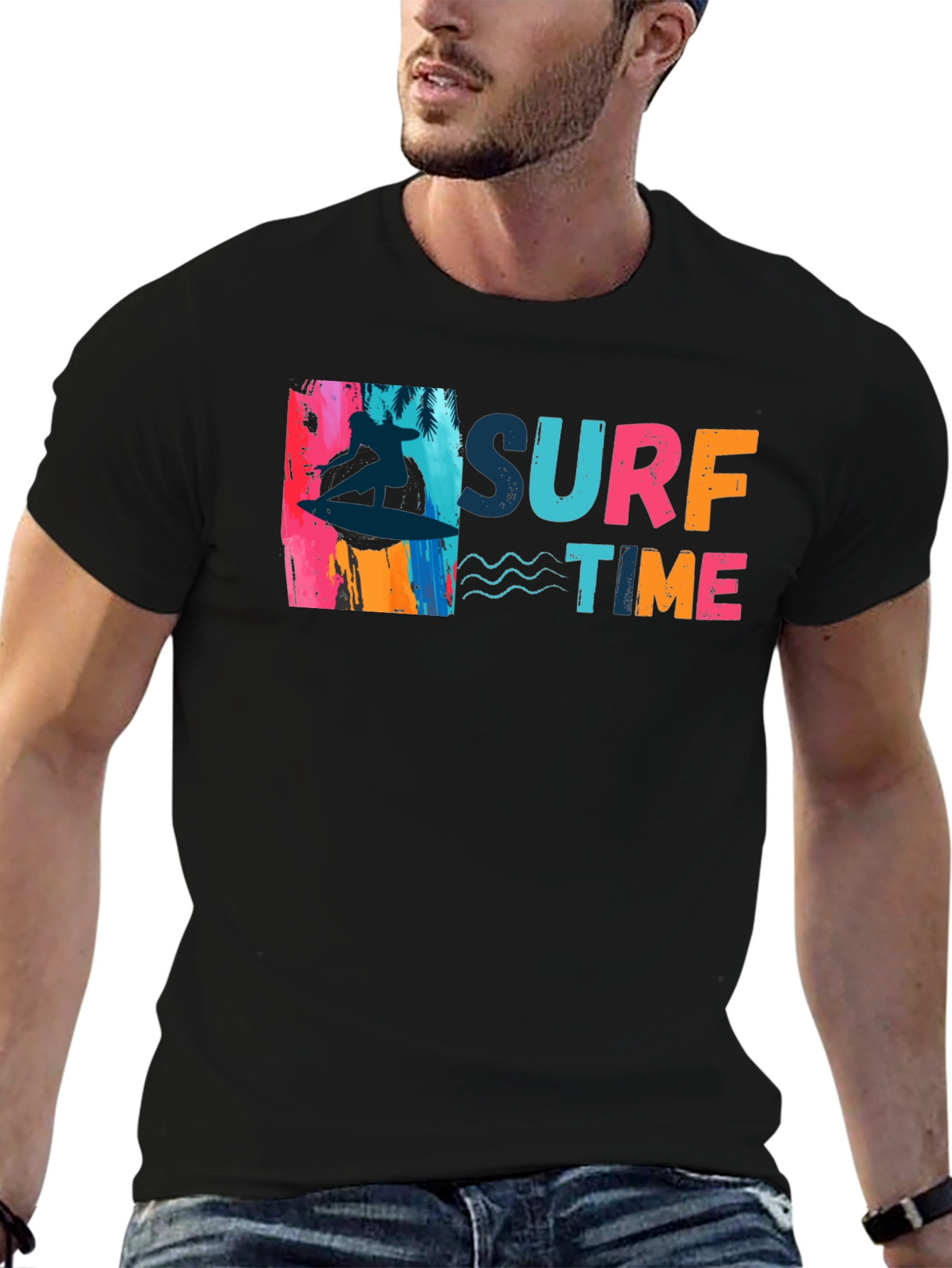 Surf Time Graphic Tee - Black Cotton T-Shirt