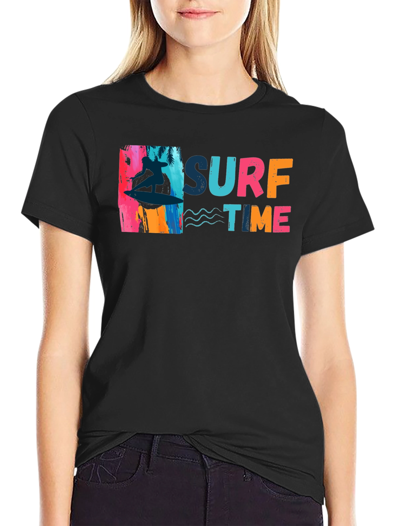 Surf Time Graphic Tee - Black Cotton T-Shirt