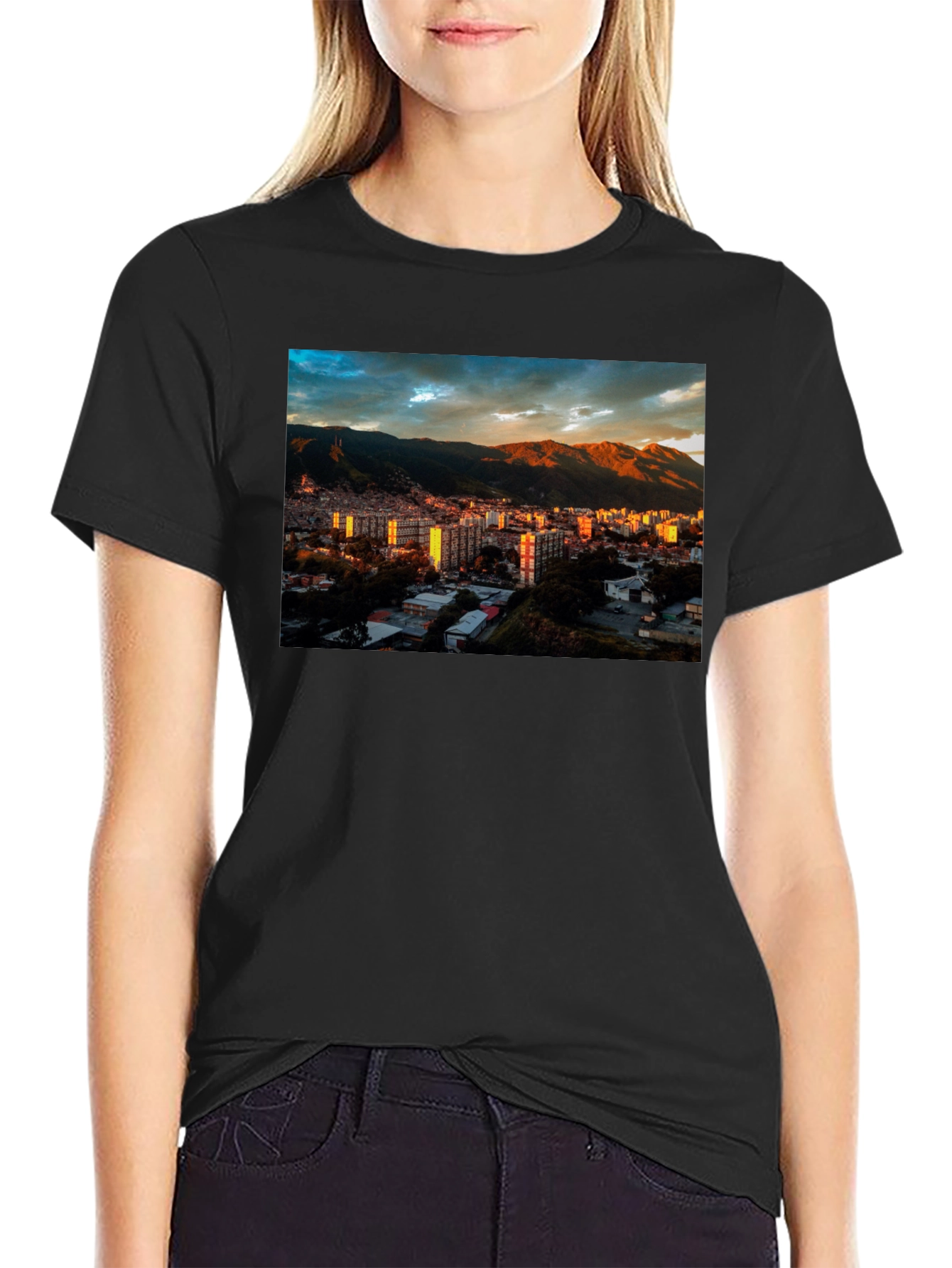 Cityscape Print Black T-Shirt