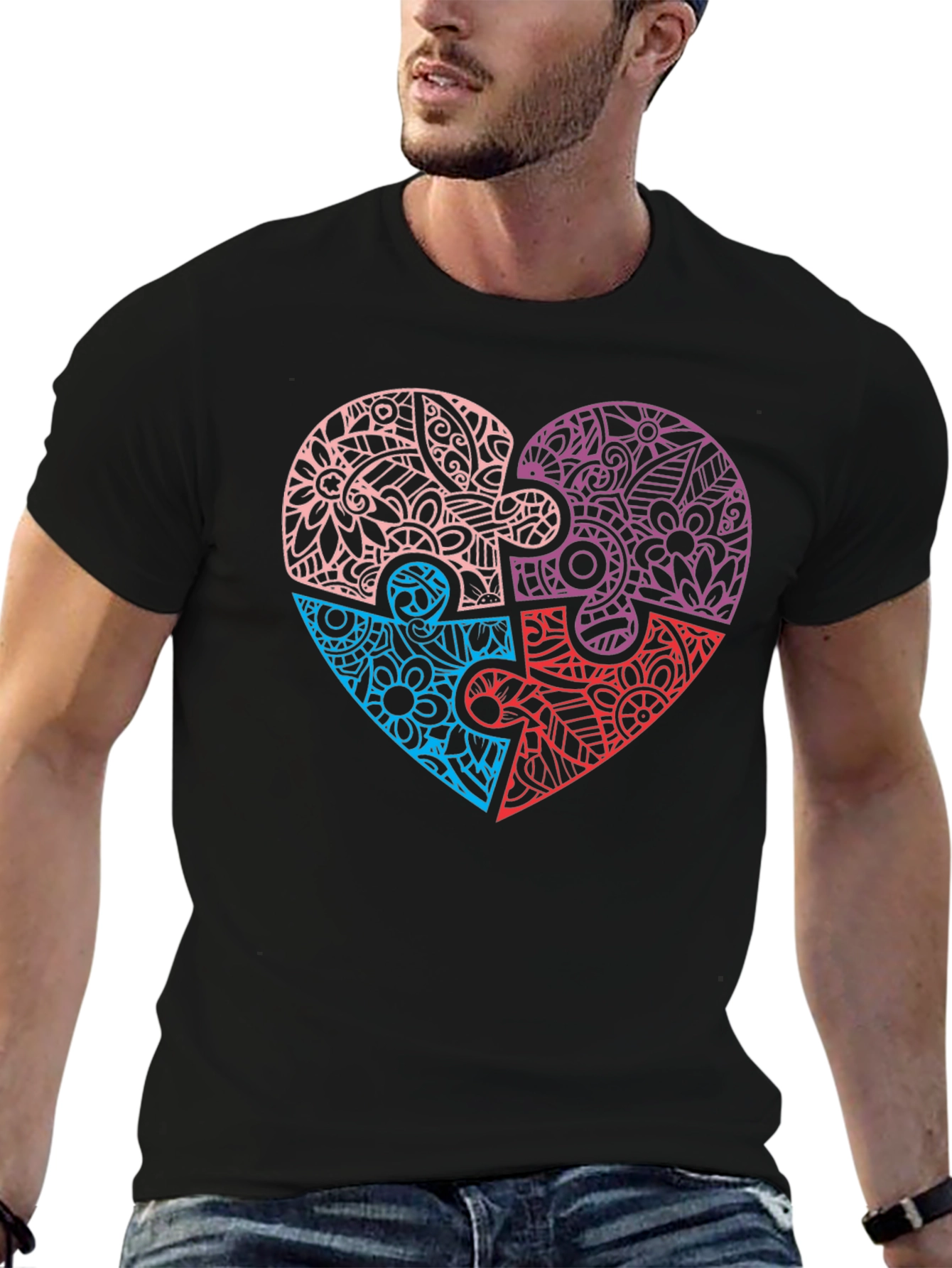 Heart Puzzle Piece Graphic Tee - Black