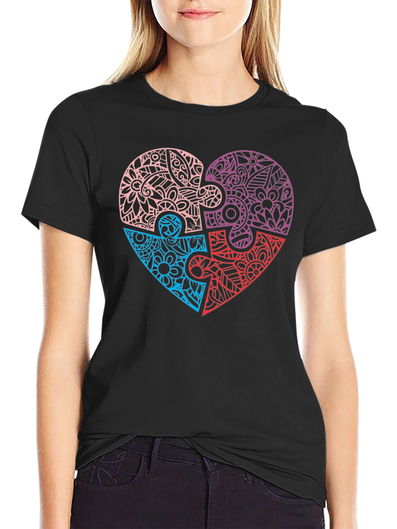 Heart Puzzle Piece Graphic Tee - Black