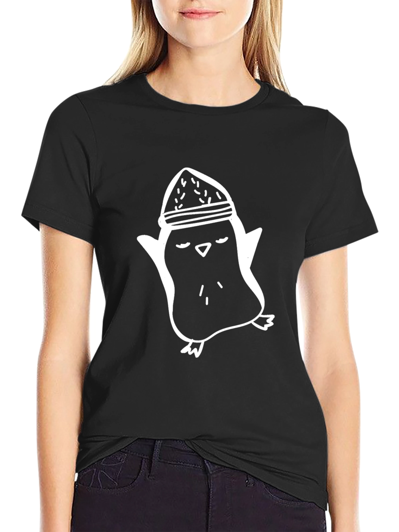 Penguin Hat Graphic Tee - Black Cotton Casual Shirt
