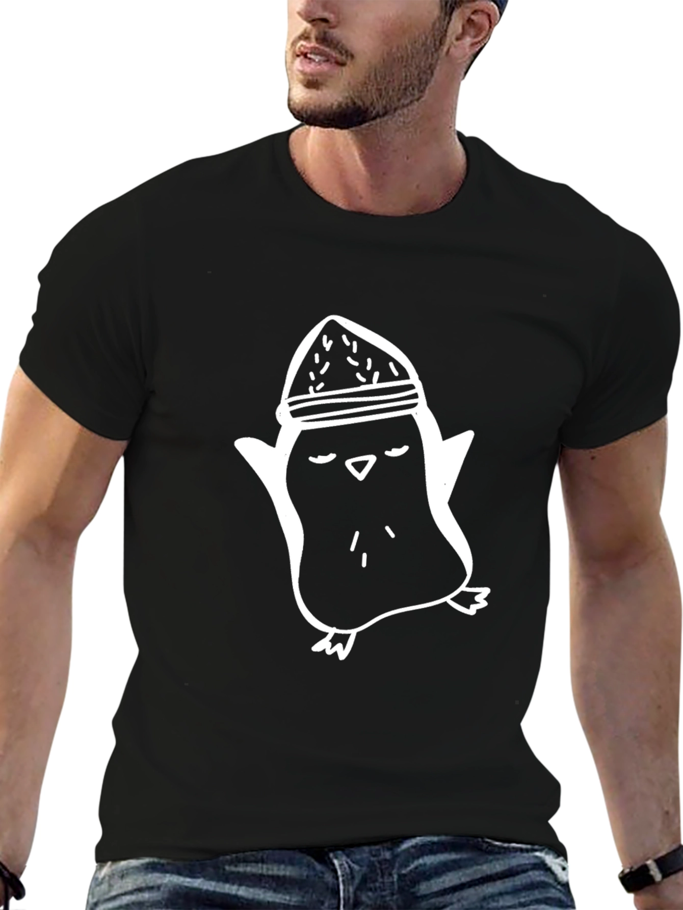 Penguin Hat Graphic Tee - Black Cotton Casual Shirt