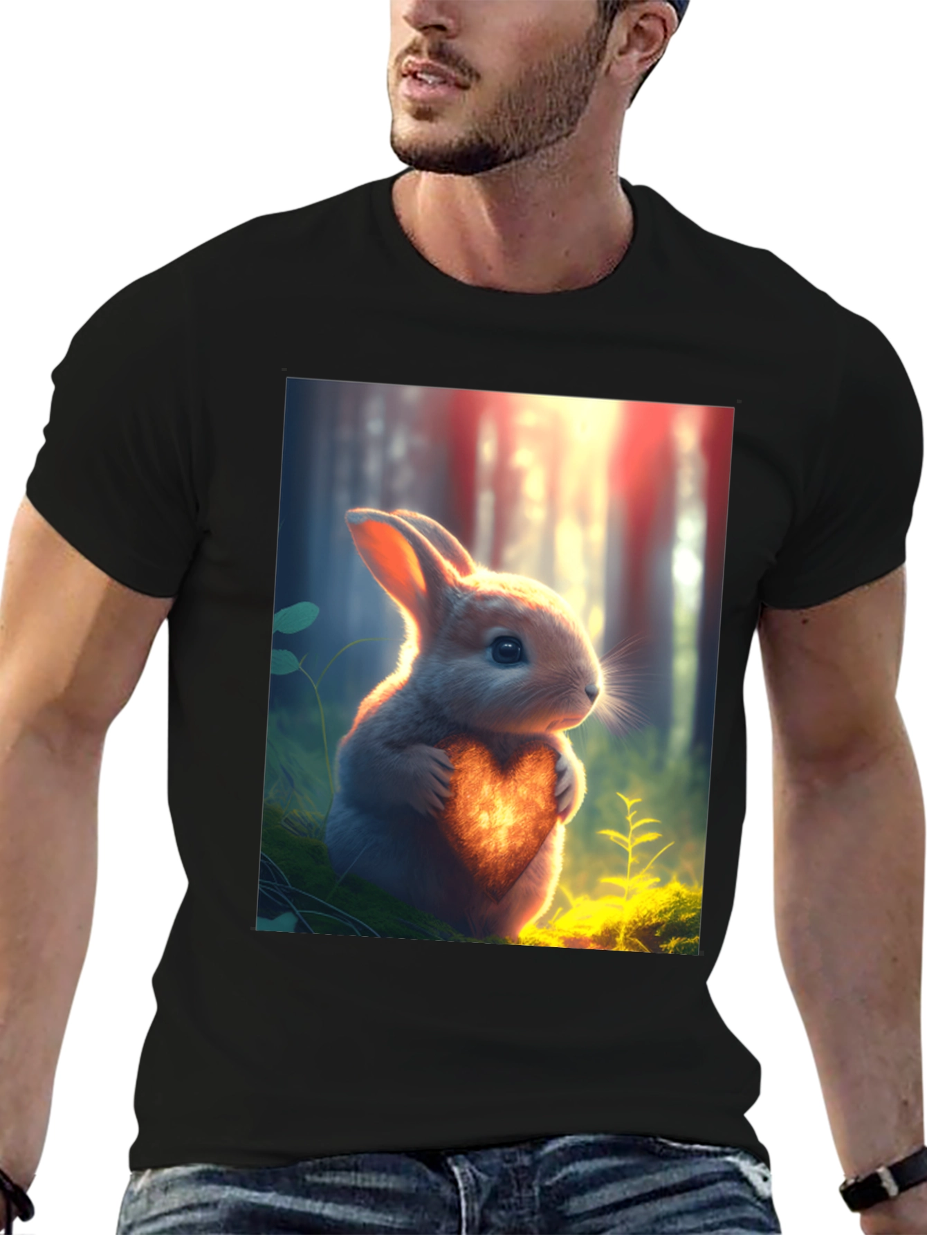 Heartfelt Bunny Graphic Tee - Soft Black Cotton