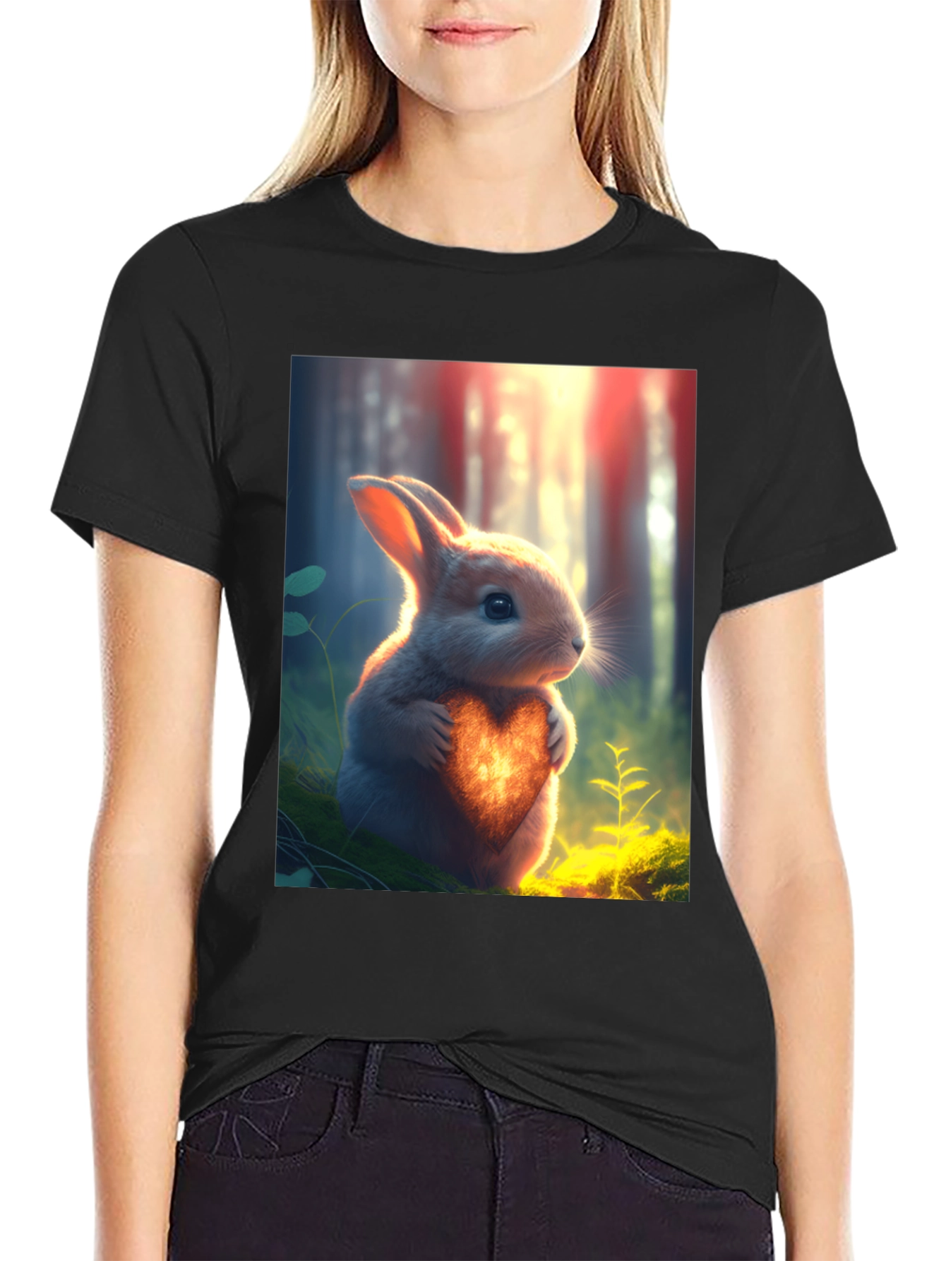Heartfelt Bunny Graphic Tee - Soft Black Cotton