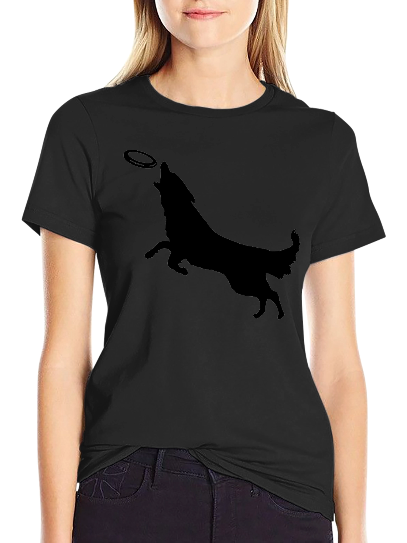 Dog Silhouette Catching Frisbee Mens Graphic Tee